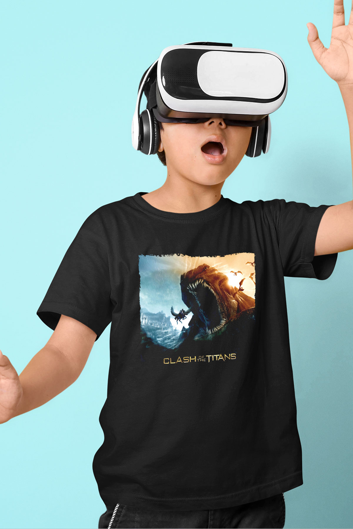Unisex Clash of the Titans Baskılı Siyah Çocuk Unisex Tshirt