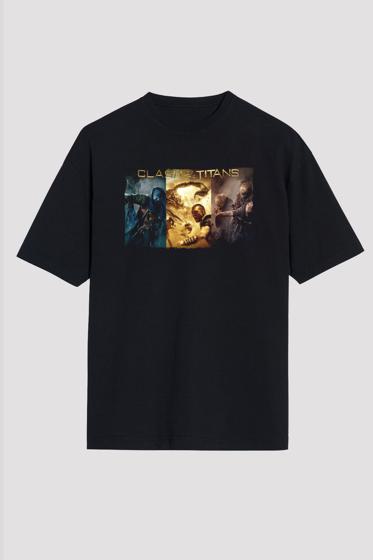 Unisex Clash of the Titans Baskılı Siyah Oversize Tshirt