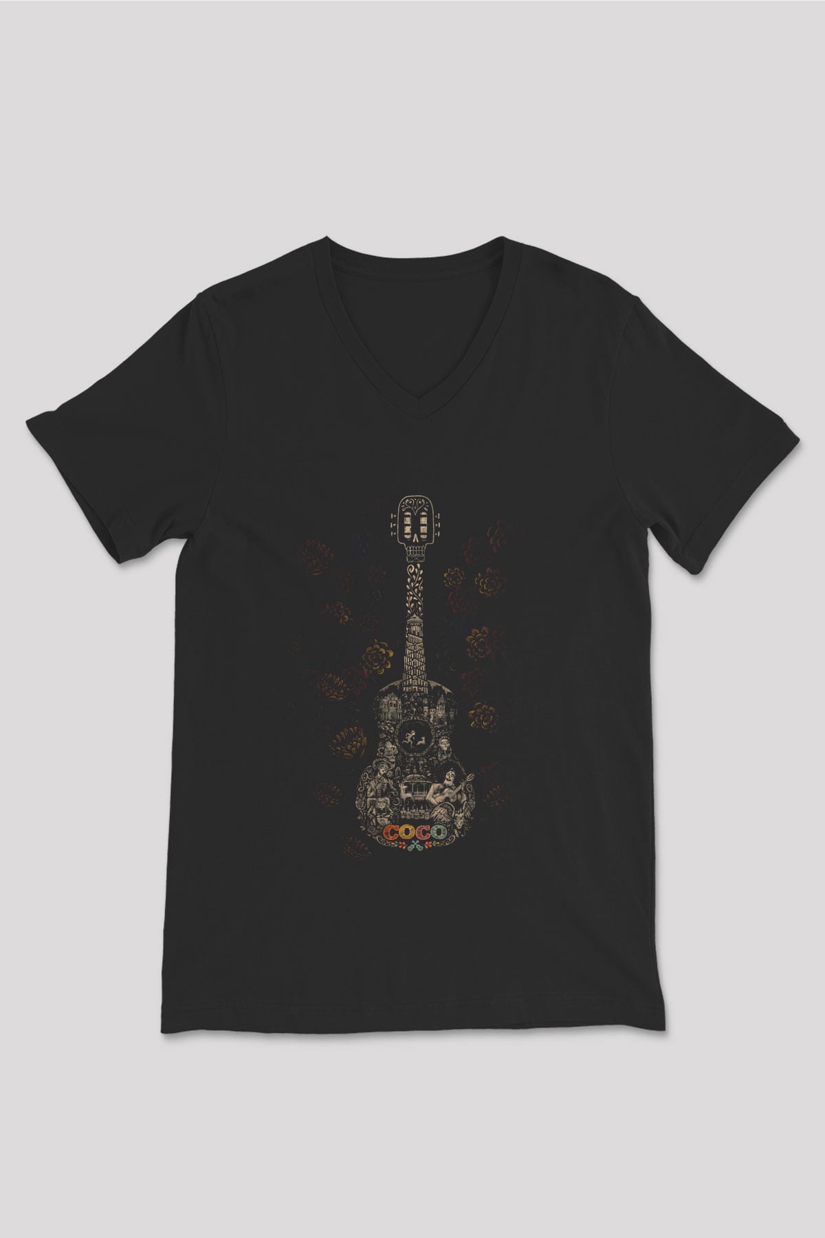 Unisex Coco Baskılı Siyah V Yaka T-shirt