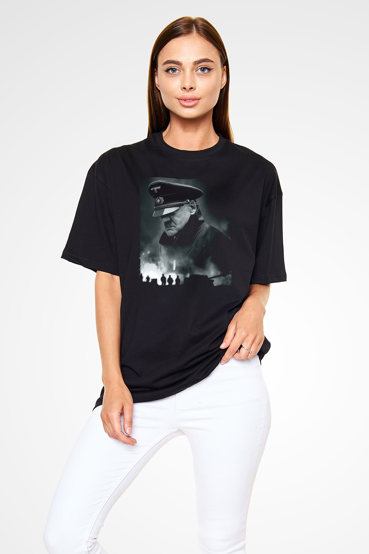 Unisex Çöküş (Downfall) Baskılı Siyah Oversize T-shirt