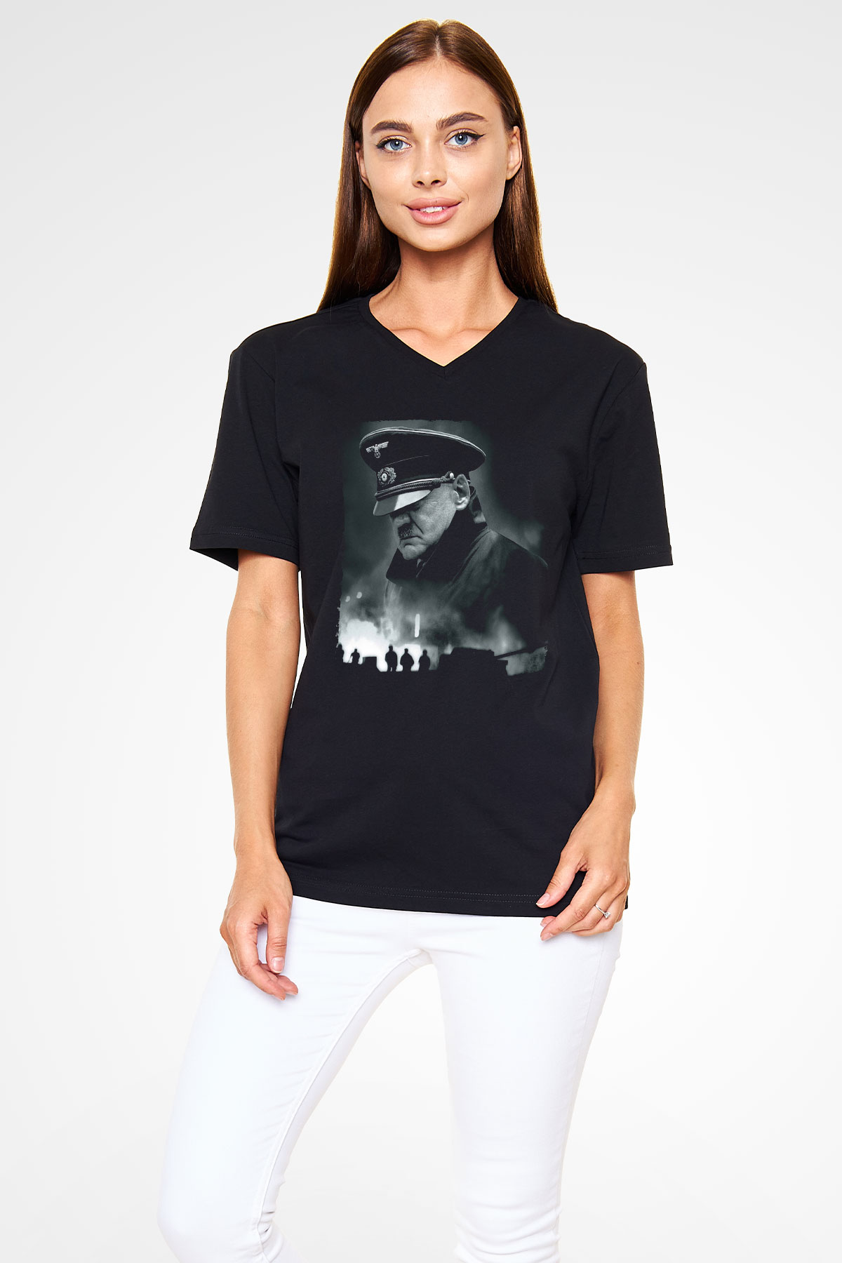 Unisex Çöküş (Downfall) Baskılı Siyah V Yaka T-shirt