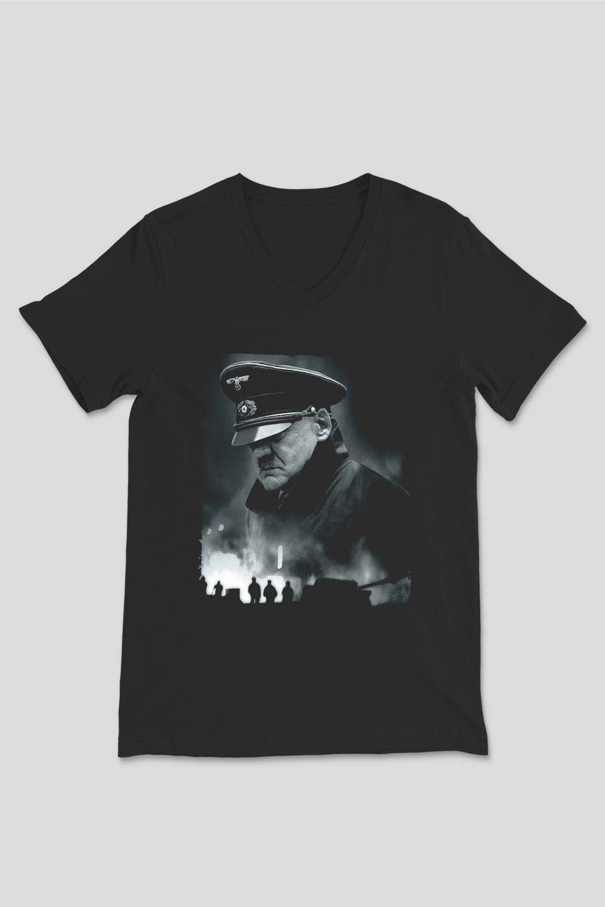 Unisex Çöküş (Downfall) Baskılı Siyah V Yaka T-shirt