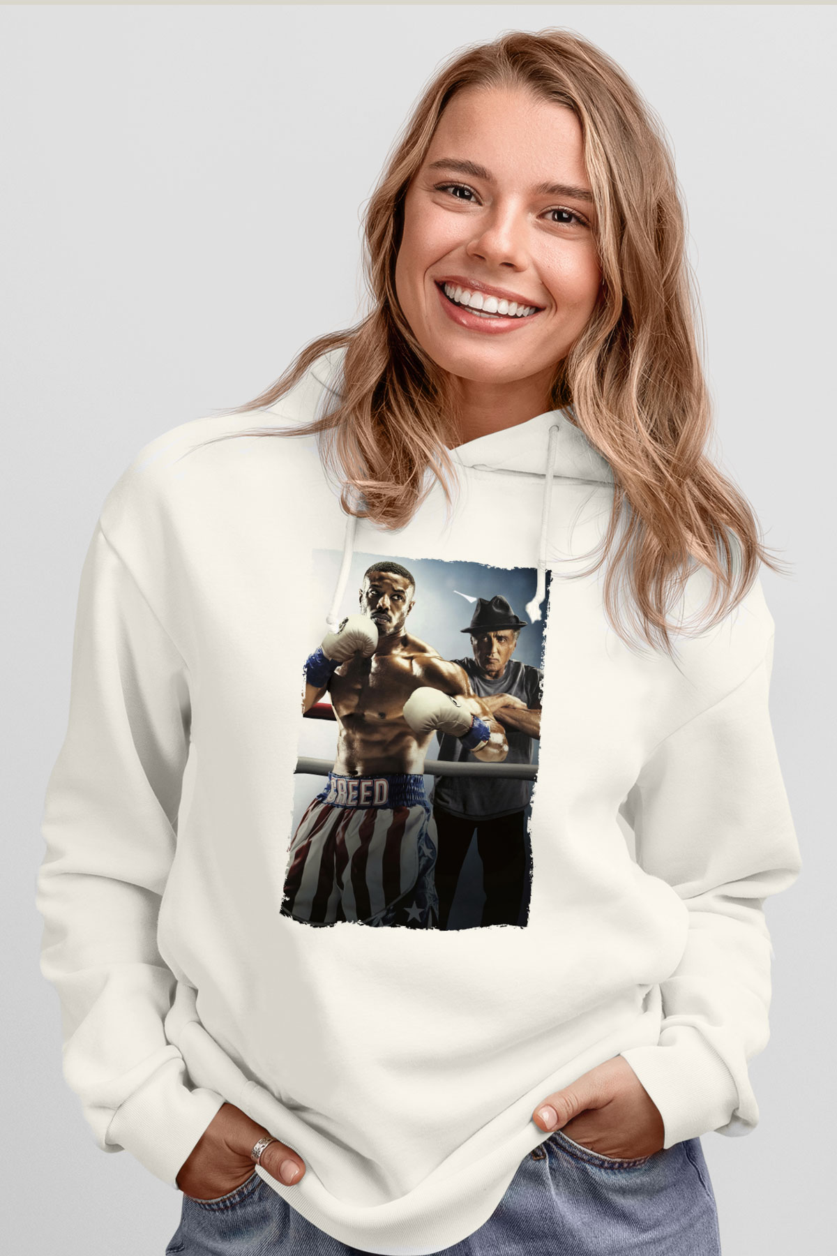 Unisex Creed II Baskılı Beyaz Kapüşonlu Sweatshirt