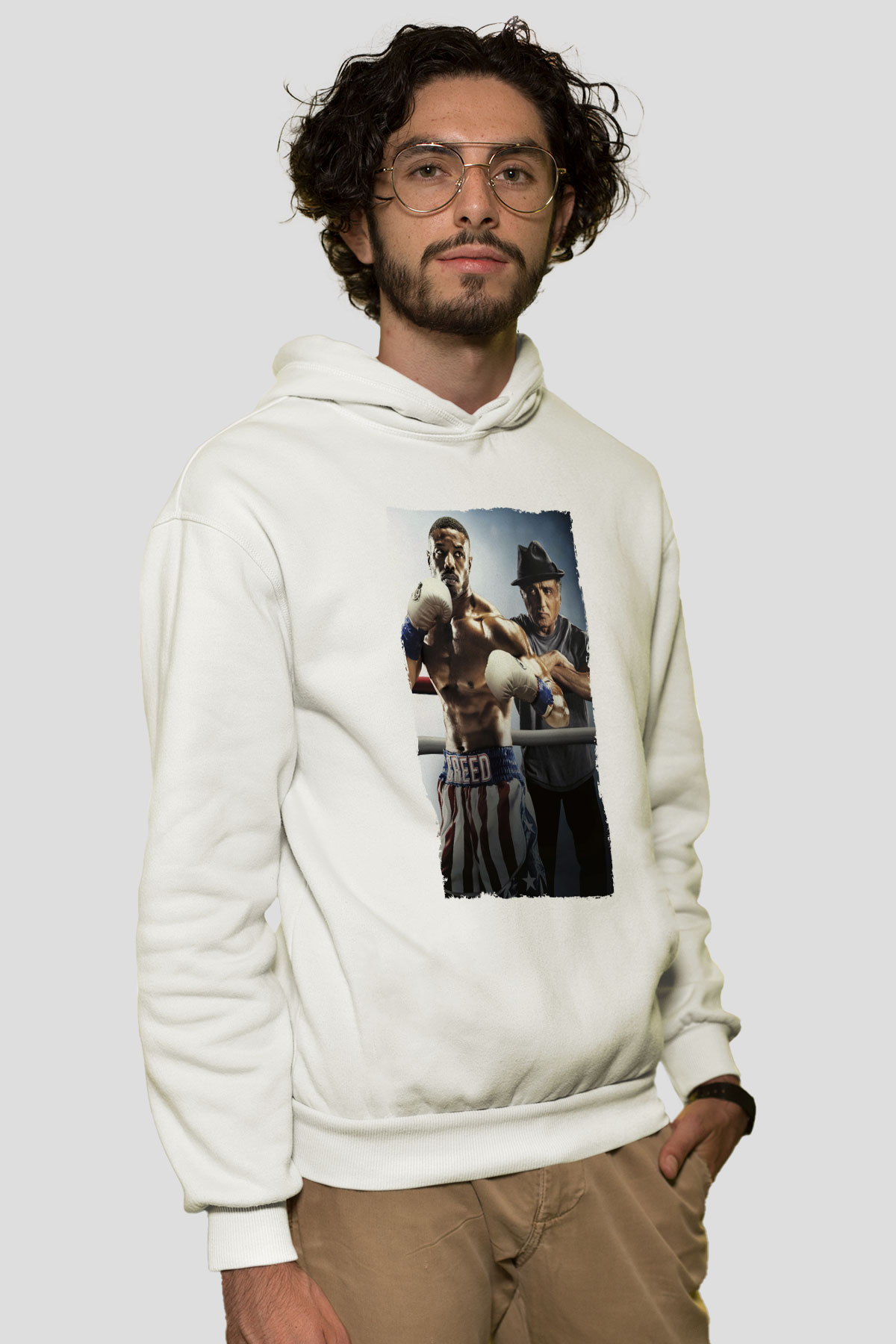 Unisex Creed II Baskılı Beyaz Kapüşonlu Sweatshirt