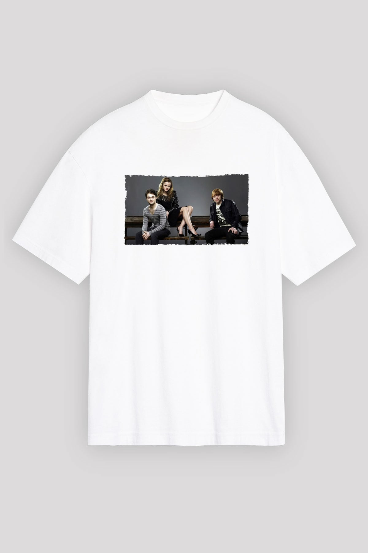 Unisex Daniel Radcliffe - Emma Watson and Rupert Grint Baskılı Beyaz Oversize Tişört
