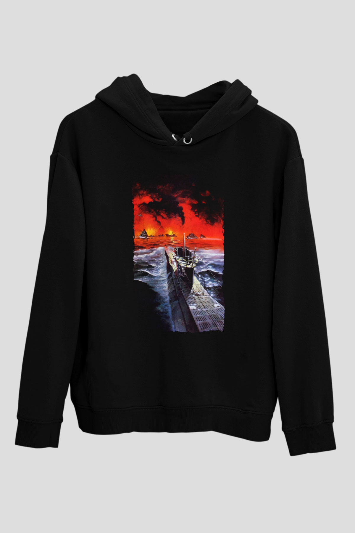 Unisex Das Boot Baskılı Siyah Kapüşonlu Sweatshirt