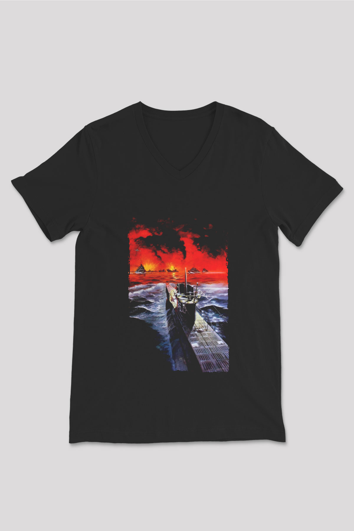 Unisex Das Boot Baskılı Siyah V Yaka Tshirt