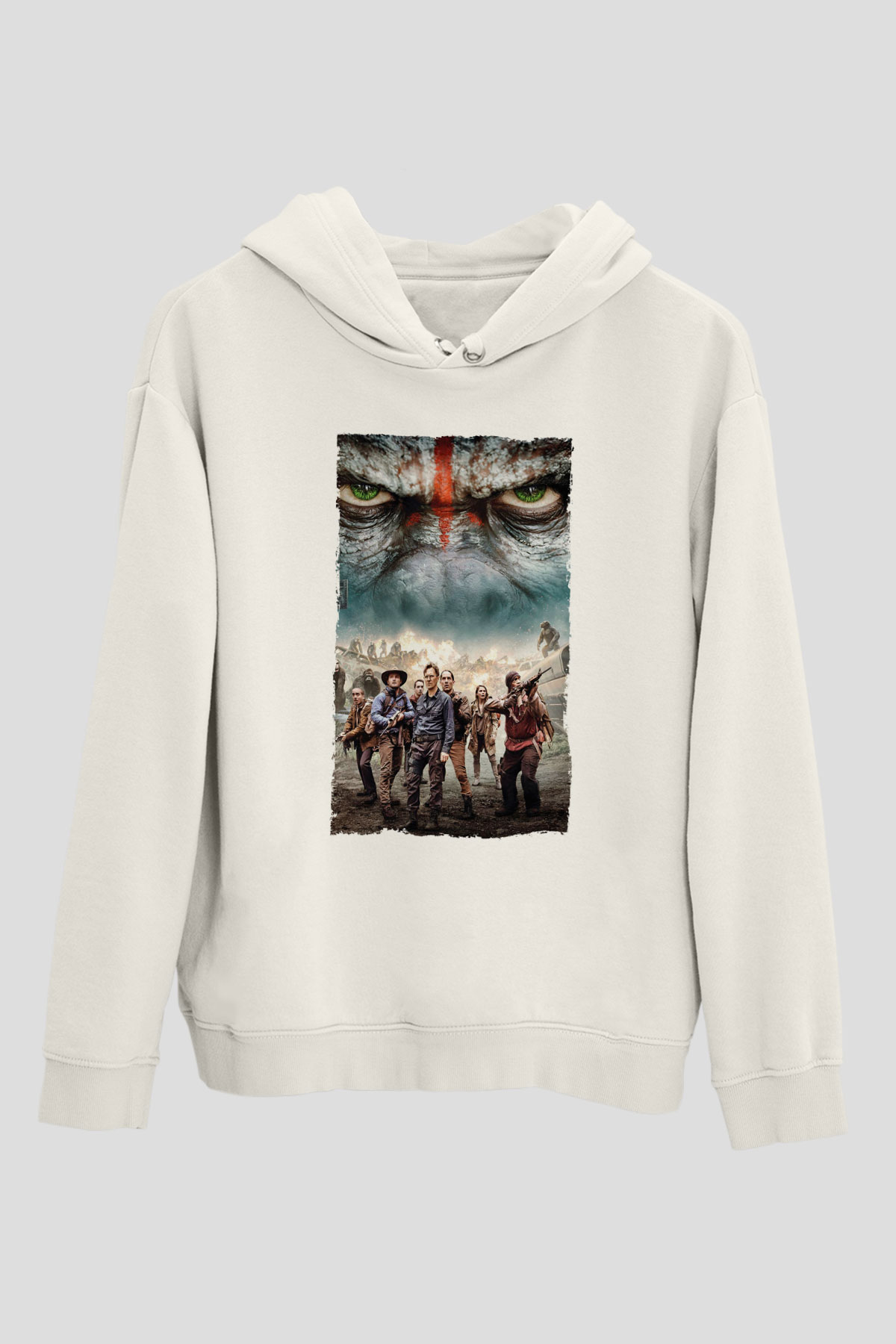 Unisex Dawn of the Planet of the Apes - Maymunlar Cehennemi Şafak Vakti Baskılı Beyaz Kapüşonlu Sweatshirt