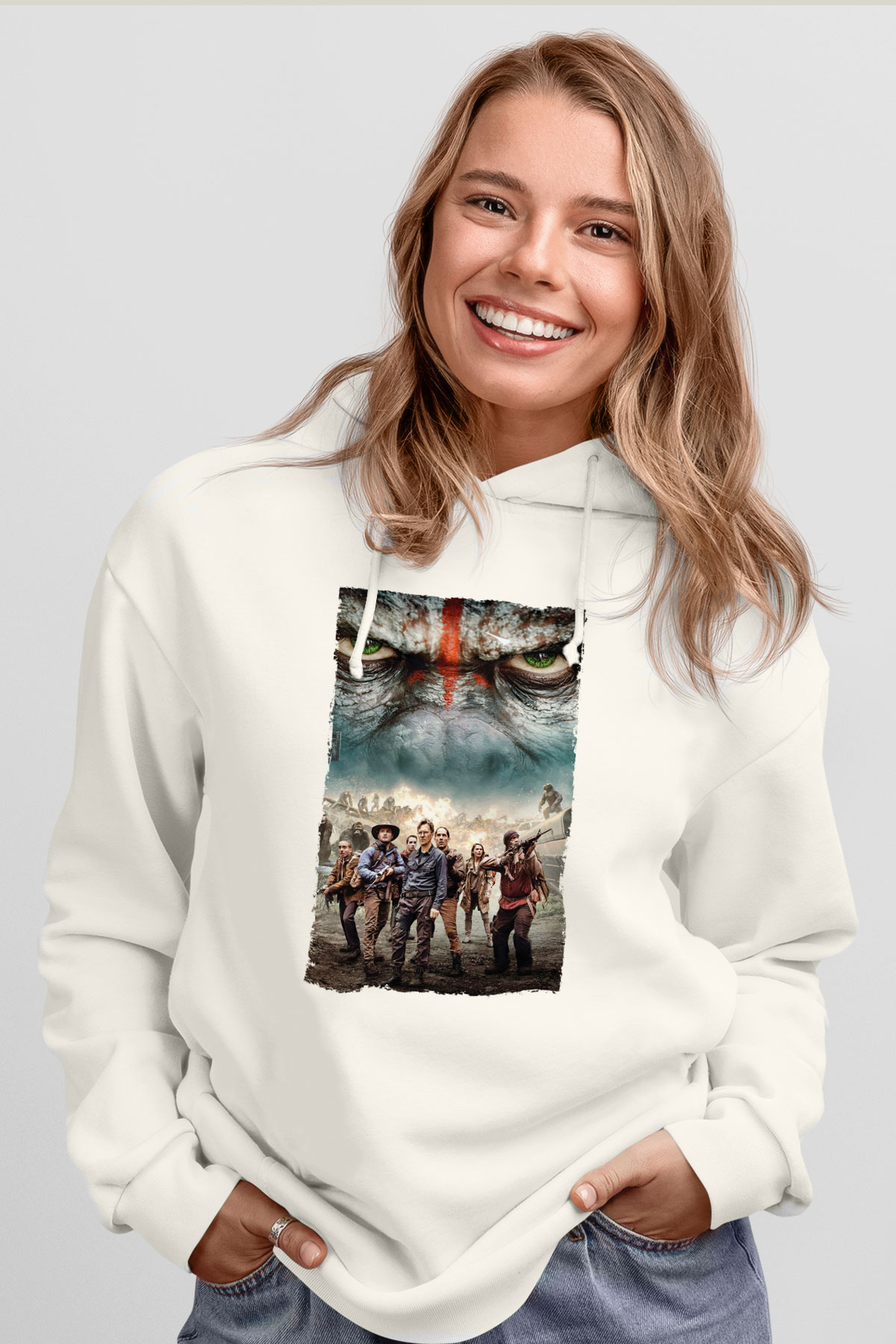 Unisex Dawn of the Planet of the Apes - Maymunlar Cehennemi Şafak Vakti Baskılı Beyaz Kapüşonlu Sweatshirt