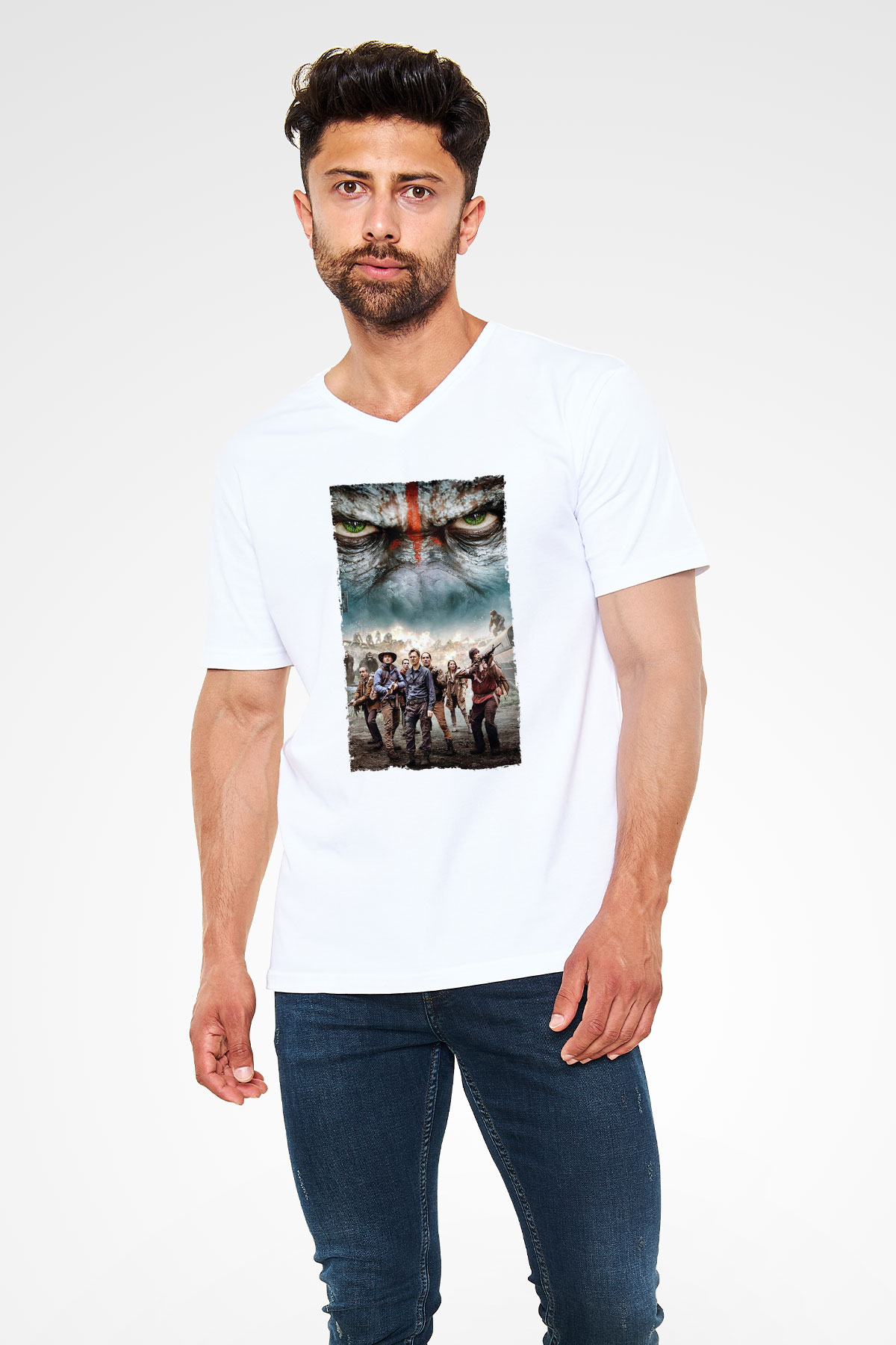 Unisex Dawn of the Planet of the Apes - Maymunlar Cehennemi Şafak Vakti Baskılı Beyaz V Yaka Tshirt