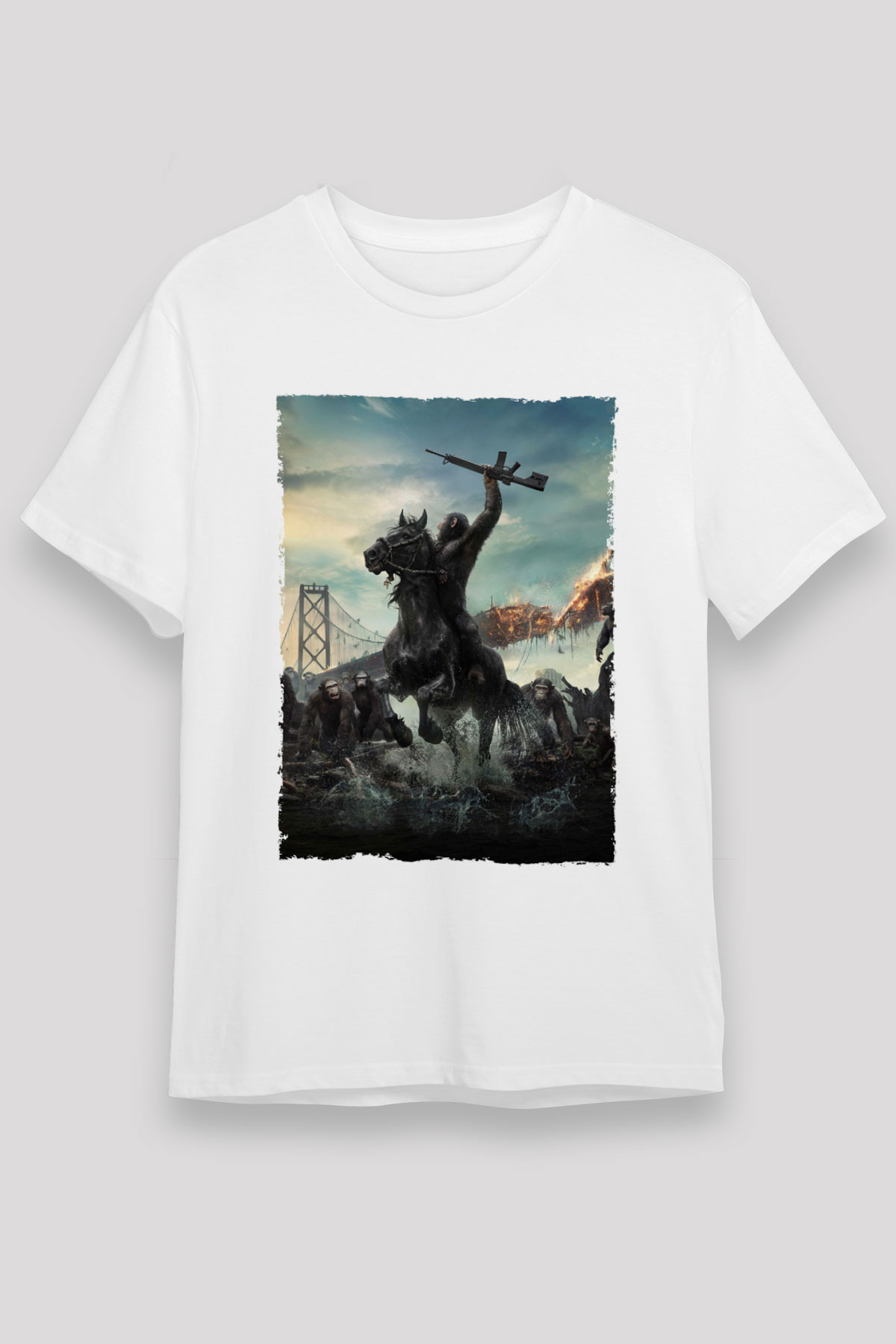 Dawn of the Planet of the Apes - Maymunlar Cehennemi Şafak Vakti Baskılı Beyaz Tişört