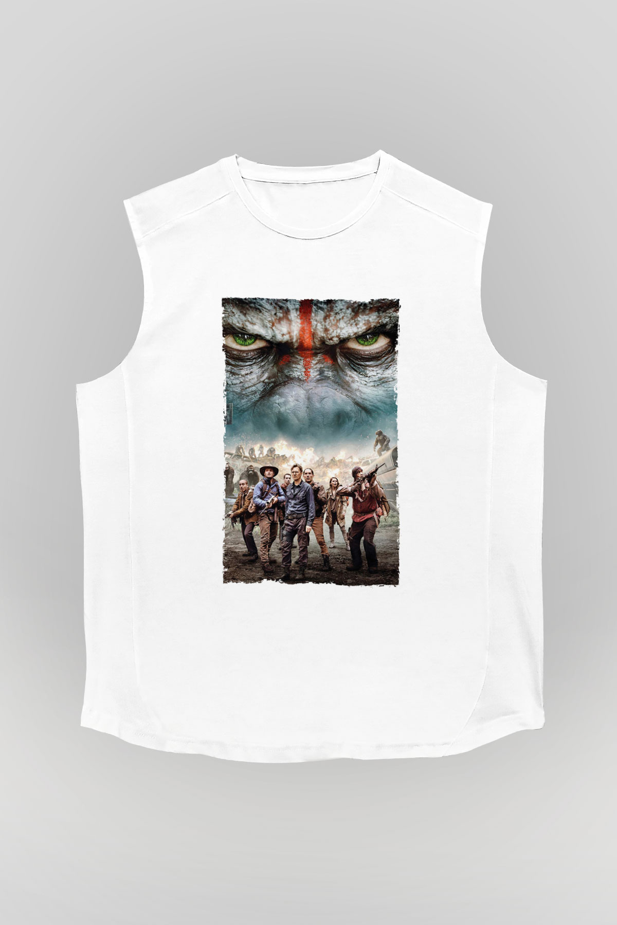 Unisex Dawn of the Planet of the Apes - Maymunlar Cehennemi Şafak Vakti Baskılı Beyaz Kolsuz Tshirt