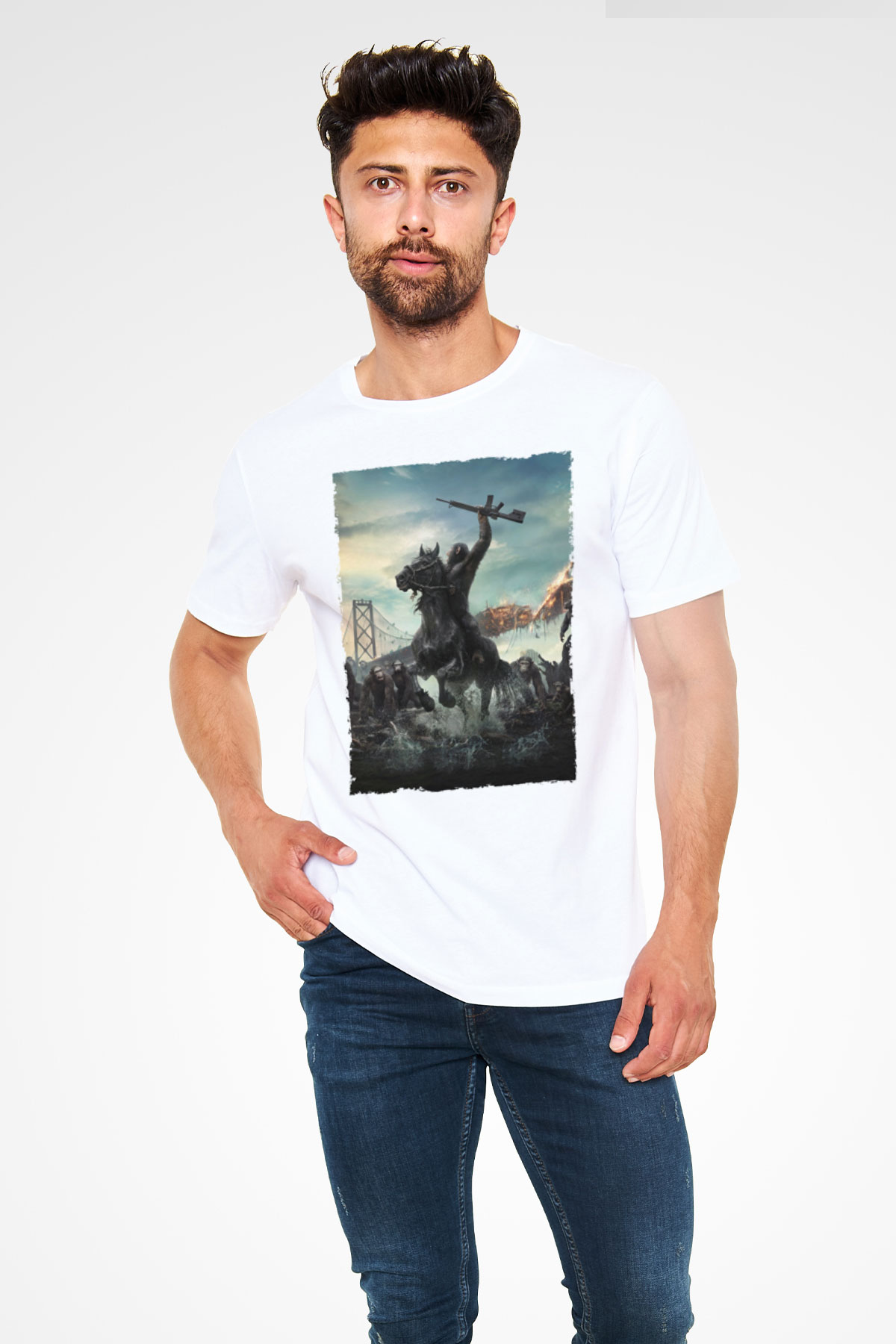 Dawn of the Planet of the Apes - Maymunlar Cehennemi Şafak Vakti Baskılı Beyaz Tişört