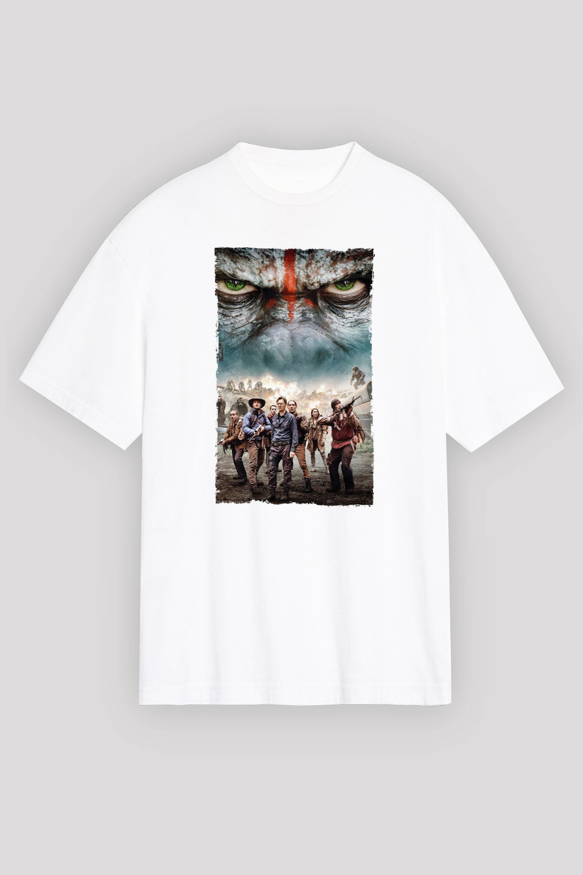Unisex Dawn of the Planet of the Apes - Maymunlar Cehennemi Şafak Vakti Baskılı Beyaz Oversize Oversize T-shirt