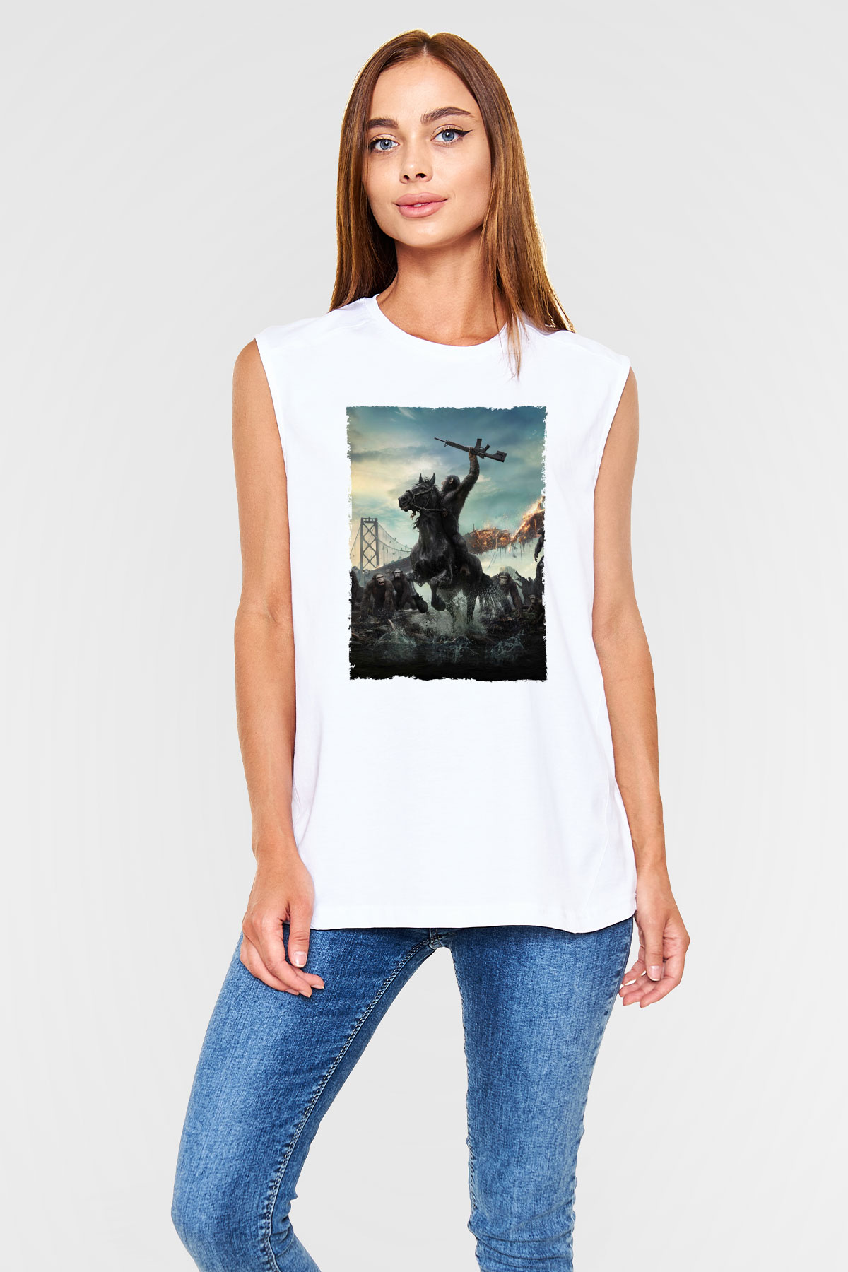 Unisex Dawn of the Planet of the Apes - Maymunlar Cehennemi Şafak Vakti Baskılı Beyaz Kolsuz Tişört