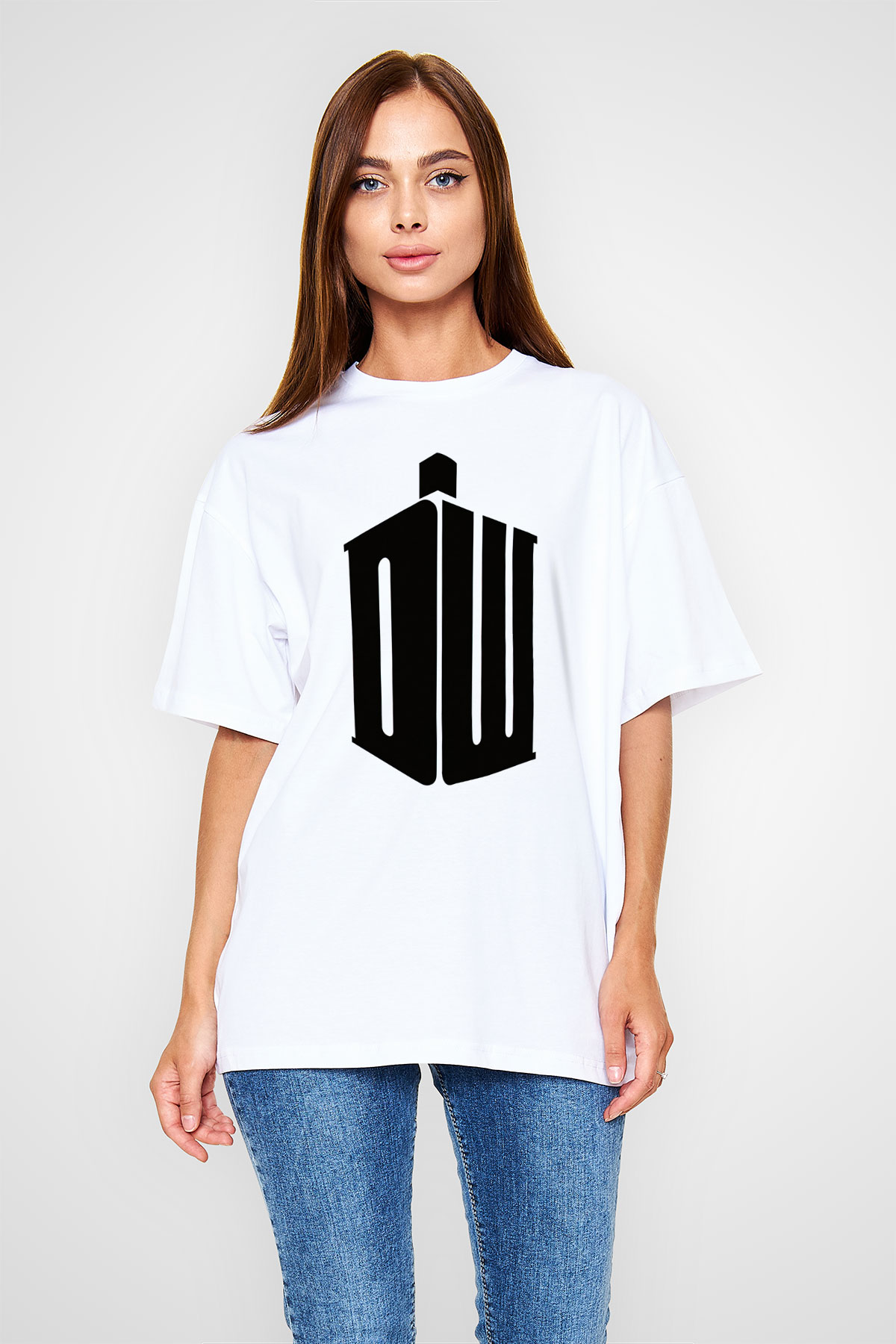 Unisex Doctor Who Baskılı Beyaz Oversize Tişört