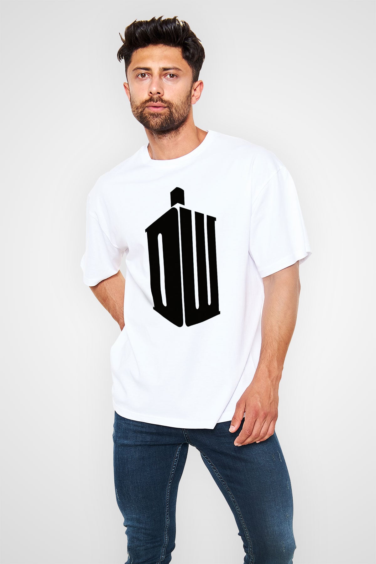 Unisex Doctor Who Baskılı Beyaz Oversize Tişört