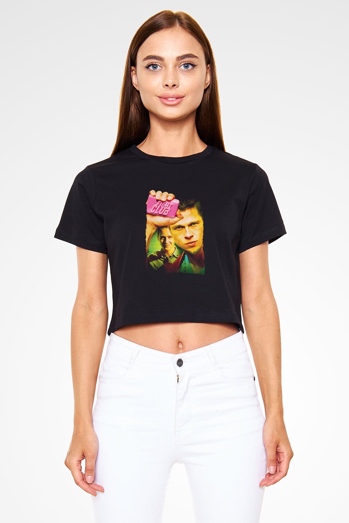 Unisex Dövüş Kulübü (Fight Club) Baskılı Siyah Crop Top T-shirt
