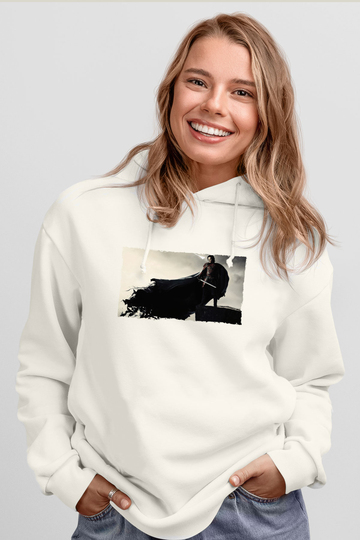 Unisex Dracula Untold Baskılı Beyaz Kapüşonlu Sweatshirt
