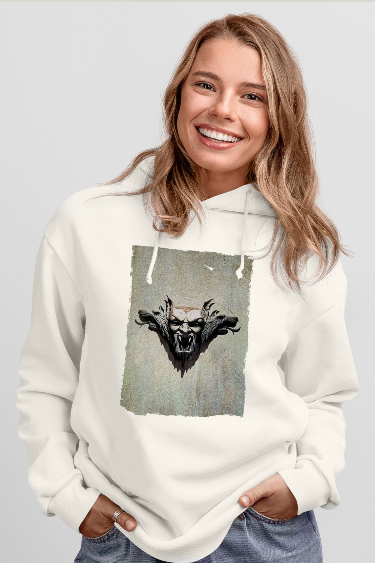 Unisex Drakula Baskılı Beyaz Kapüşonlu Sweatshirt