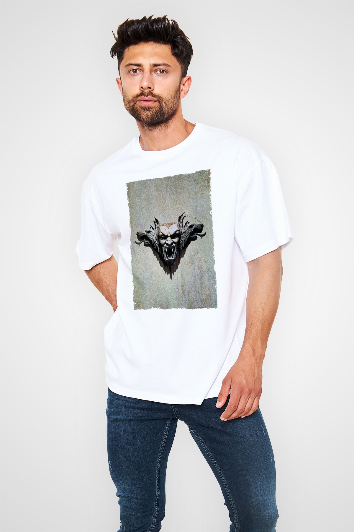Unisex Drakula Baskılı Beyaz Oversize Oversize T-shirt
