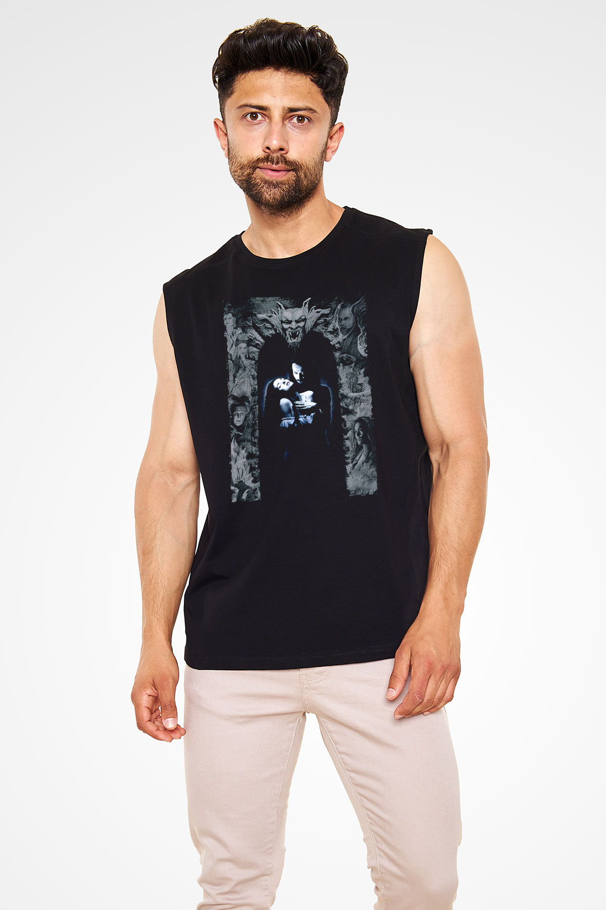 Unisex Drakula Baskılı Siyah Kolsuz Tişört