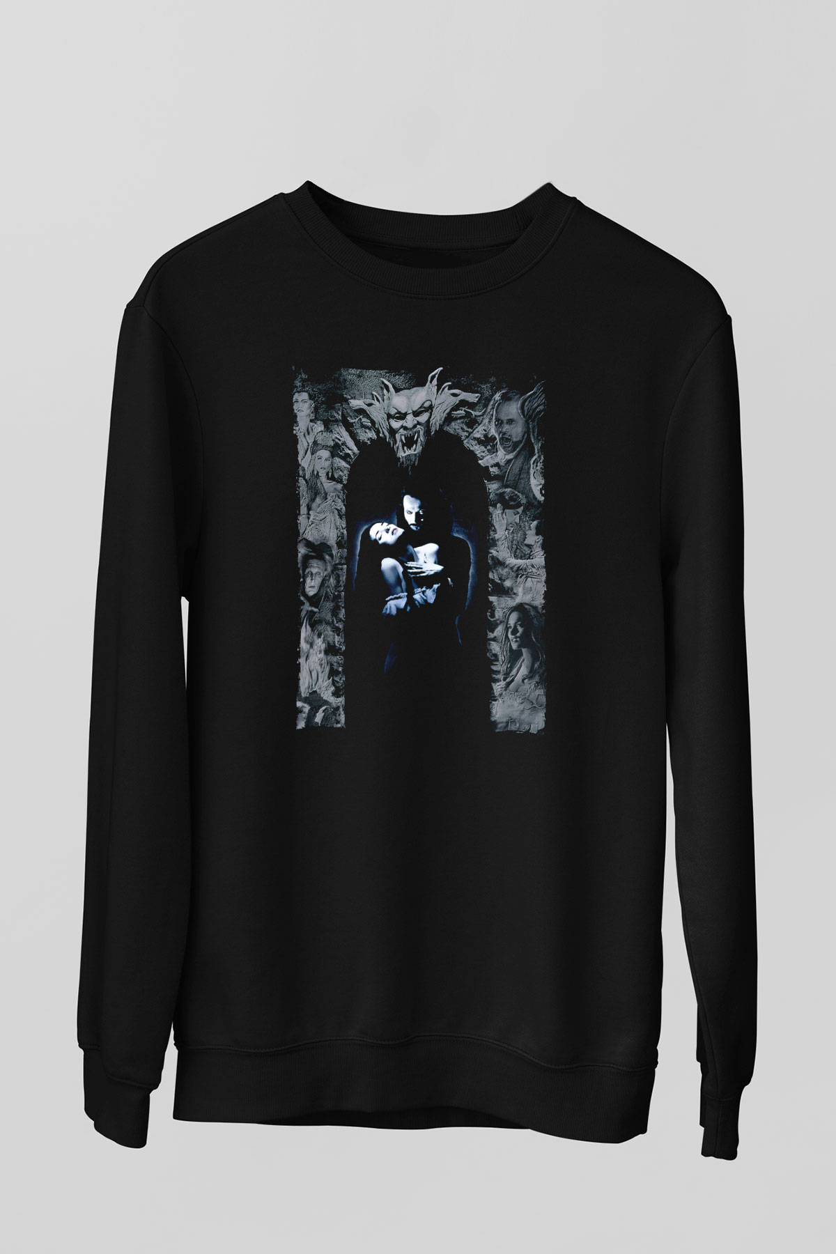Unisex Drakula Baskılı Siyah Sweatshirt