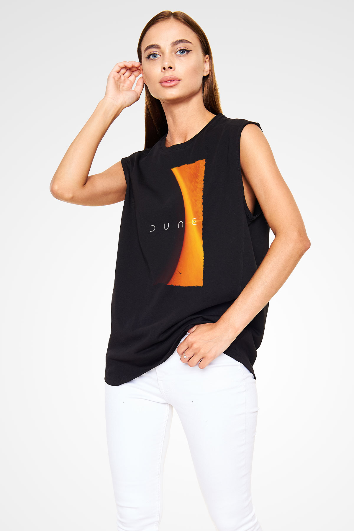 Unisex Dune Baskılı Siyah Kolsuz T-shirt