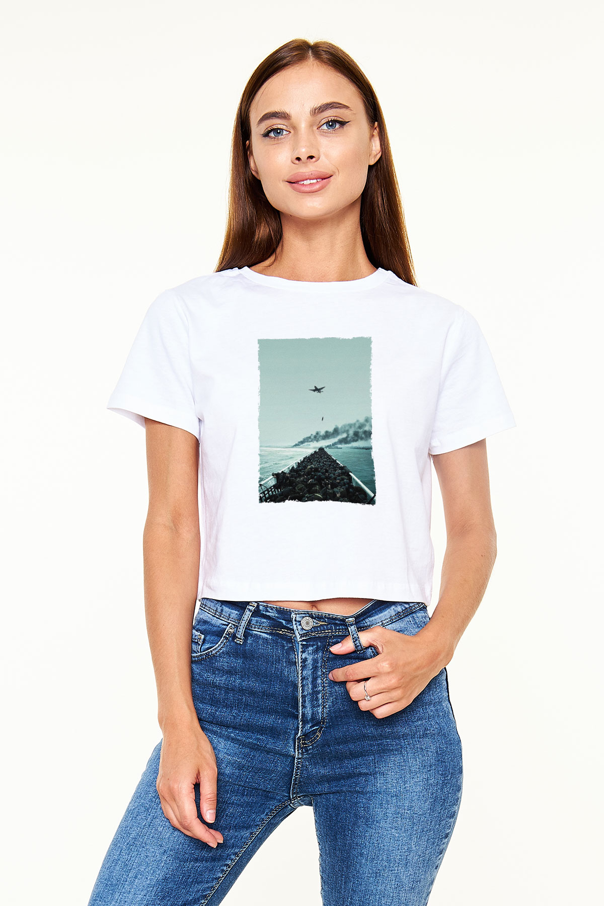 Unisex Dunkirk Baskılı Beyaz Crop Top Tshirt