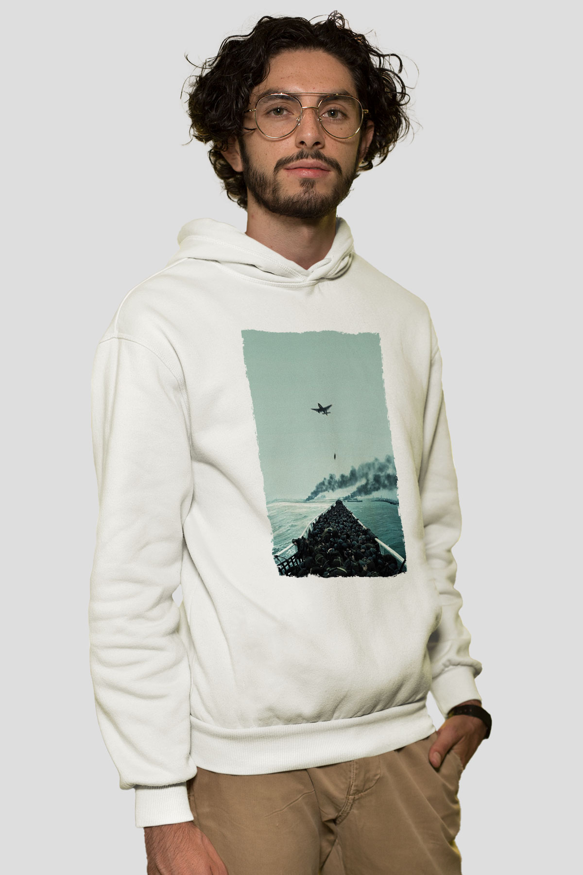 Unisex Dunkirk Baskılı Beyaz Kapüşonlu Sweatshirt