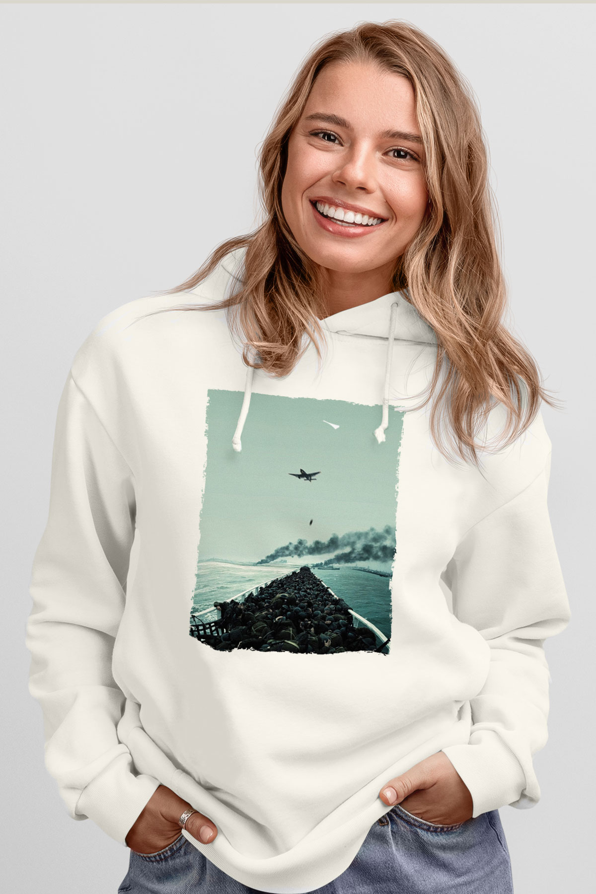 Unisex Dunkirk Baskılı Beyaz Kapüşonlu Sweatshirt