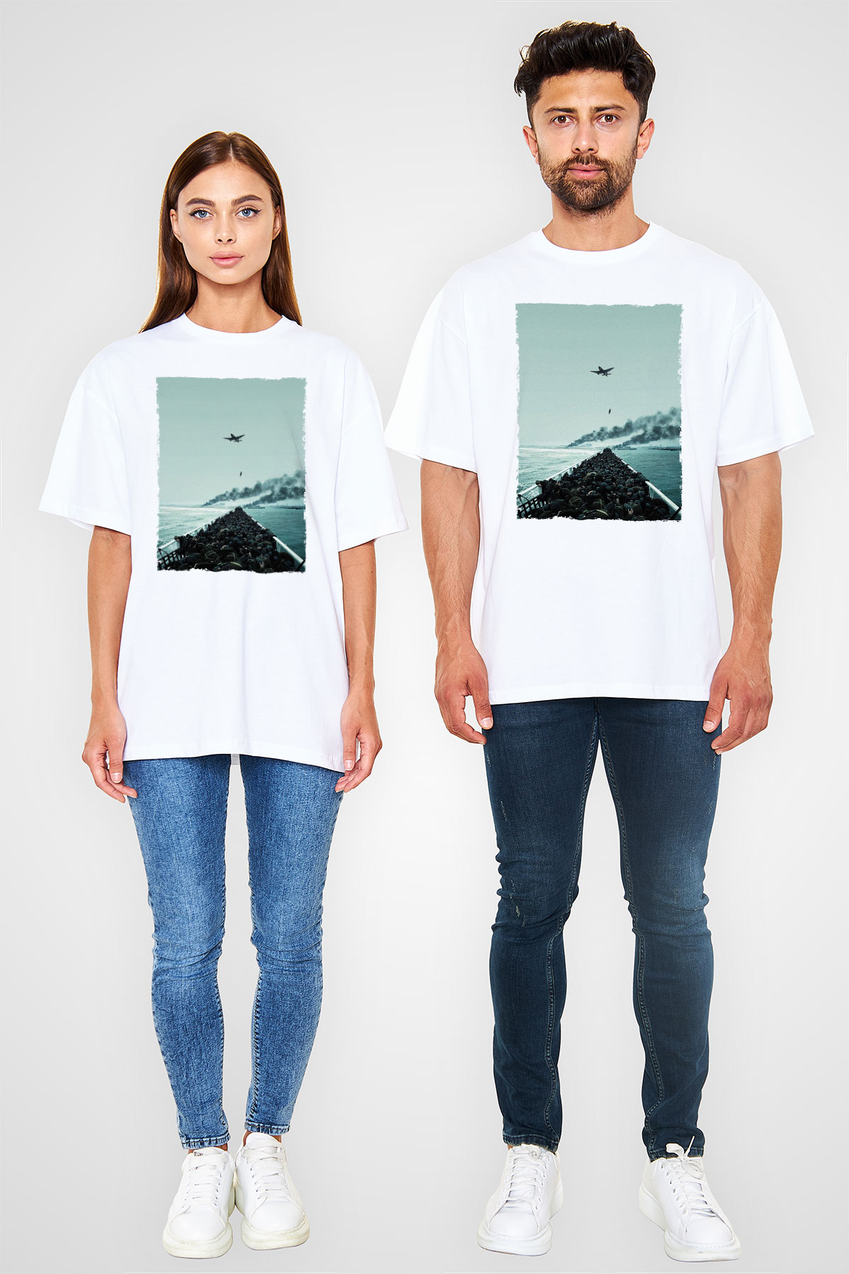 Unisex Dunkirk Baskılı Beyaz Oversize Oversize T-shirt