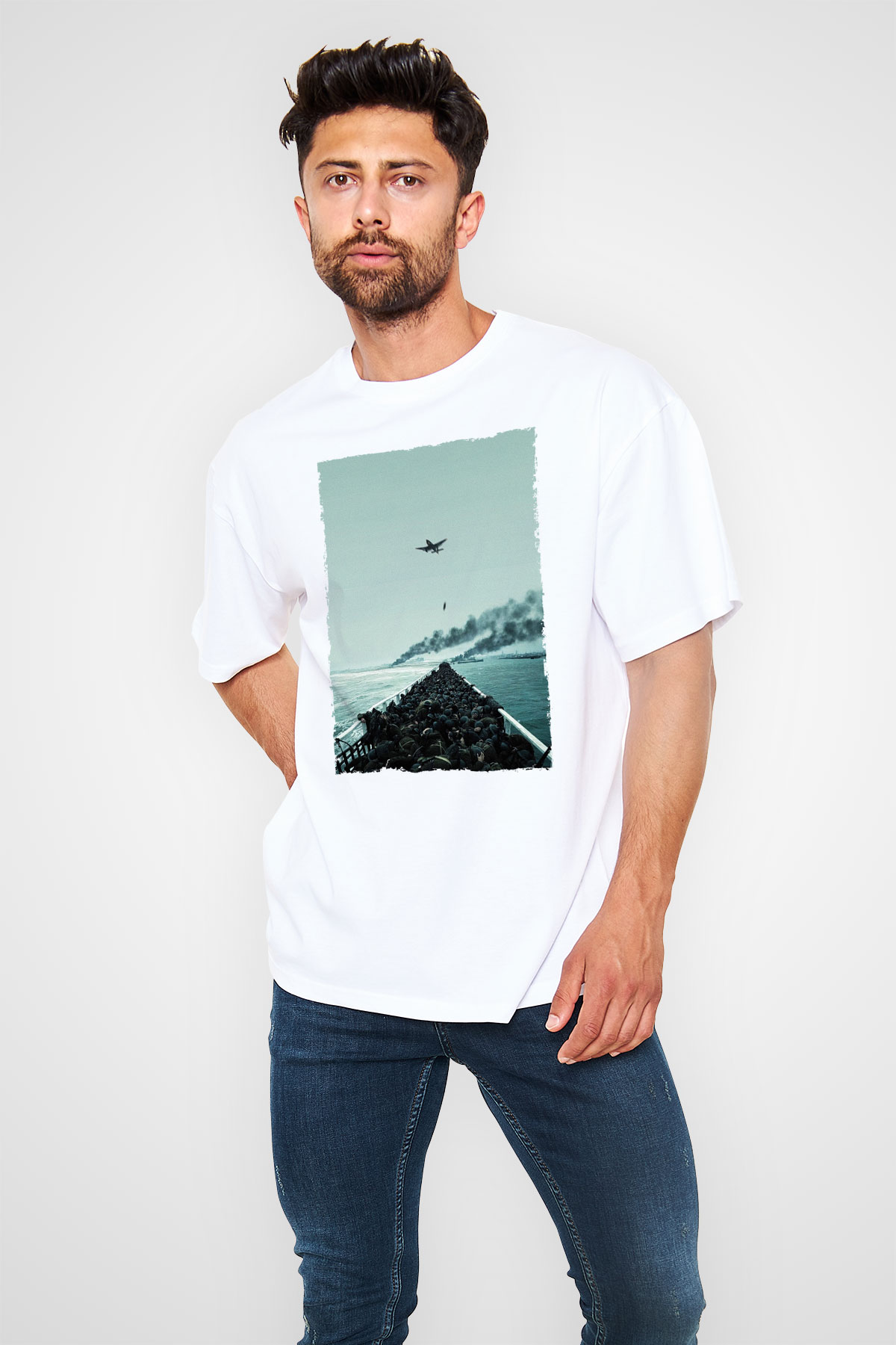Unisex Dunkirk Baskılı Beyaz Oversize Oversize T-shirt