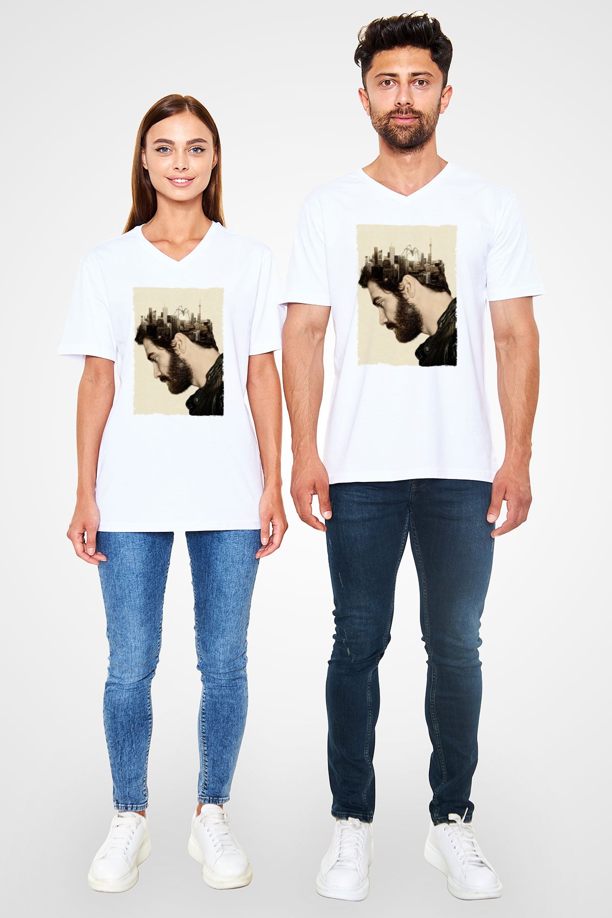 Unisex Düşman (Enemy) Baskılı Beyaz V Yaka Tshirt