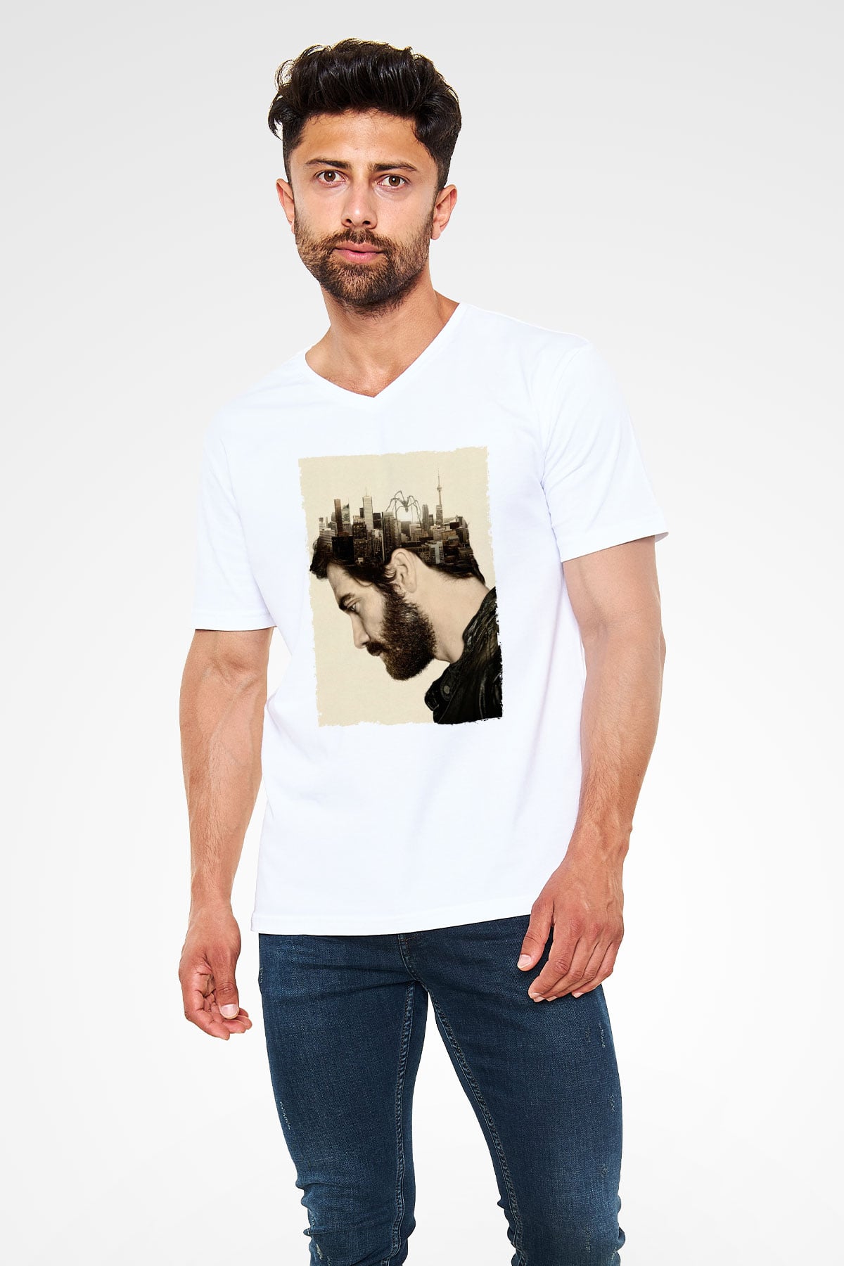 Unisex Düşman (Enemy) Baskılı Beyaz V Yaka Tshirt