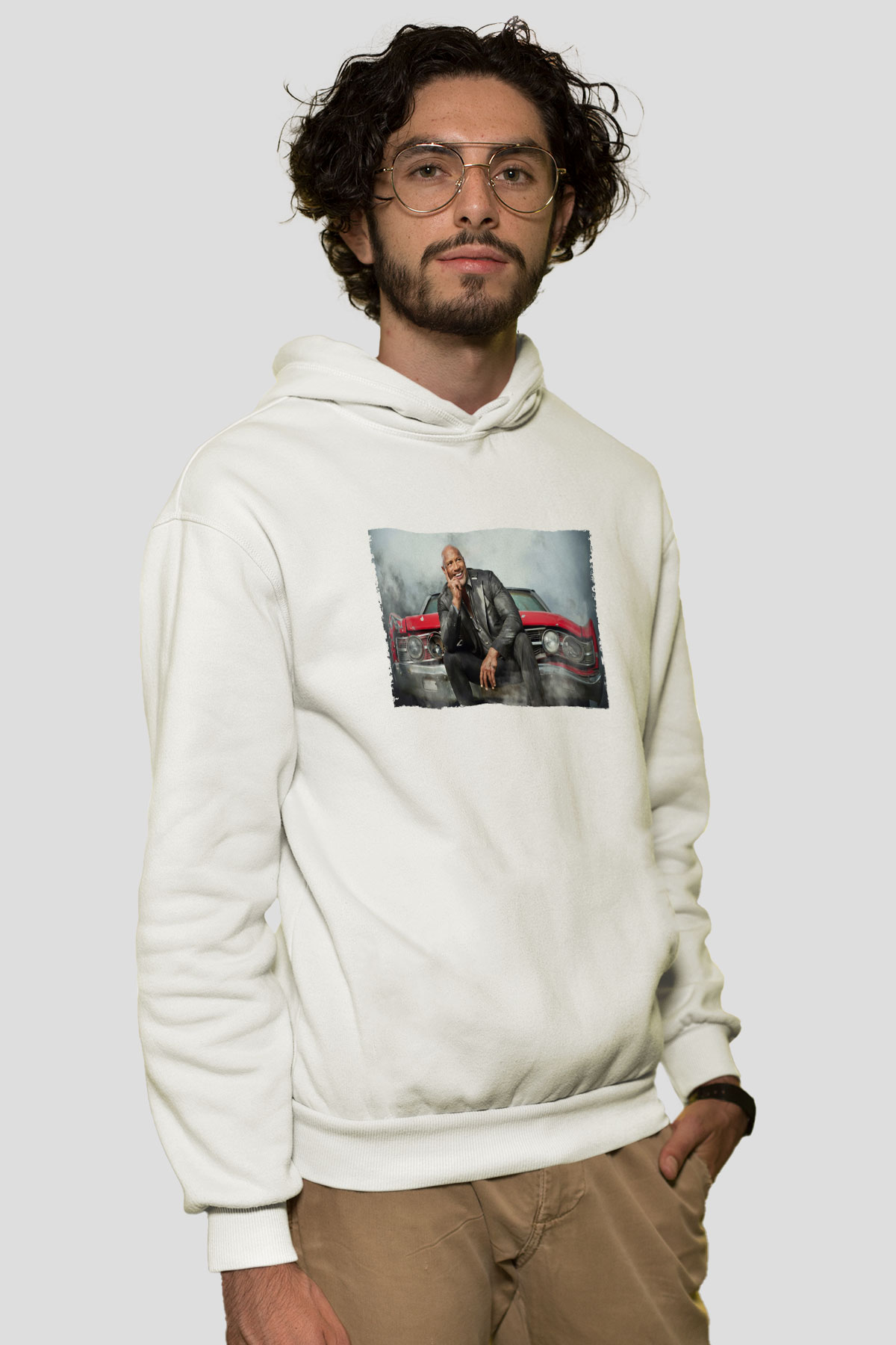 Unisex Dwayne Johnson as Luke Hobbs in Fast and Furious Baskılı Beyaz Kapüşonlu Sweatshirt