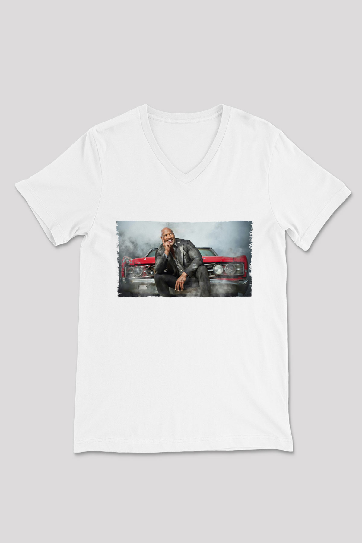 Unisex Dwayne Johnson as Luke Hobbs in Fast and Furious Baskılı Beyaz V Yaka Tshirt