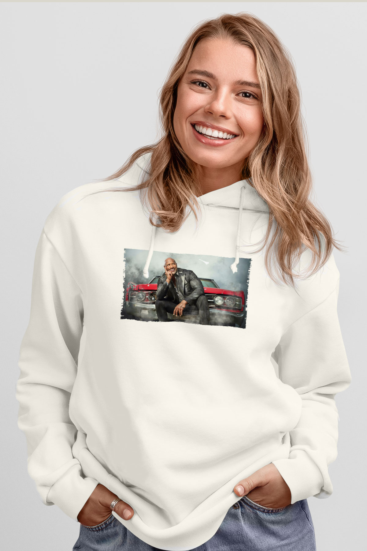 Unisex Dwayne Johnson as Luke Hobbs in Fast and Furious Baskılı Beyaz Kapüşonlu Sweatshirt