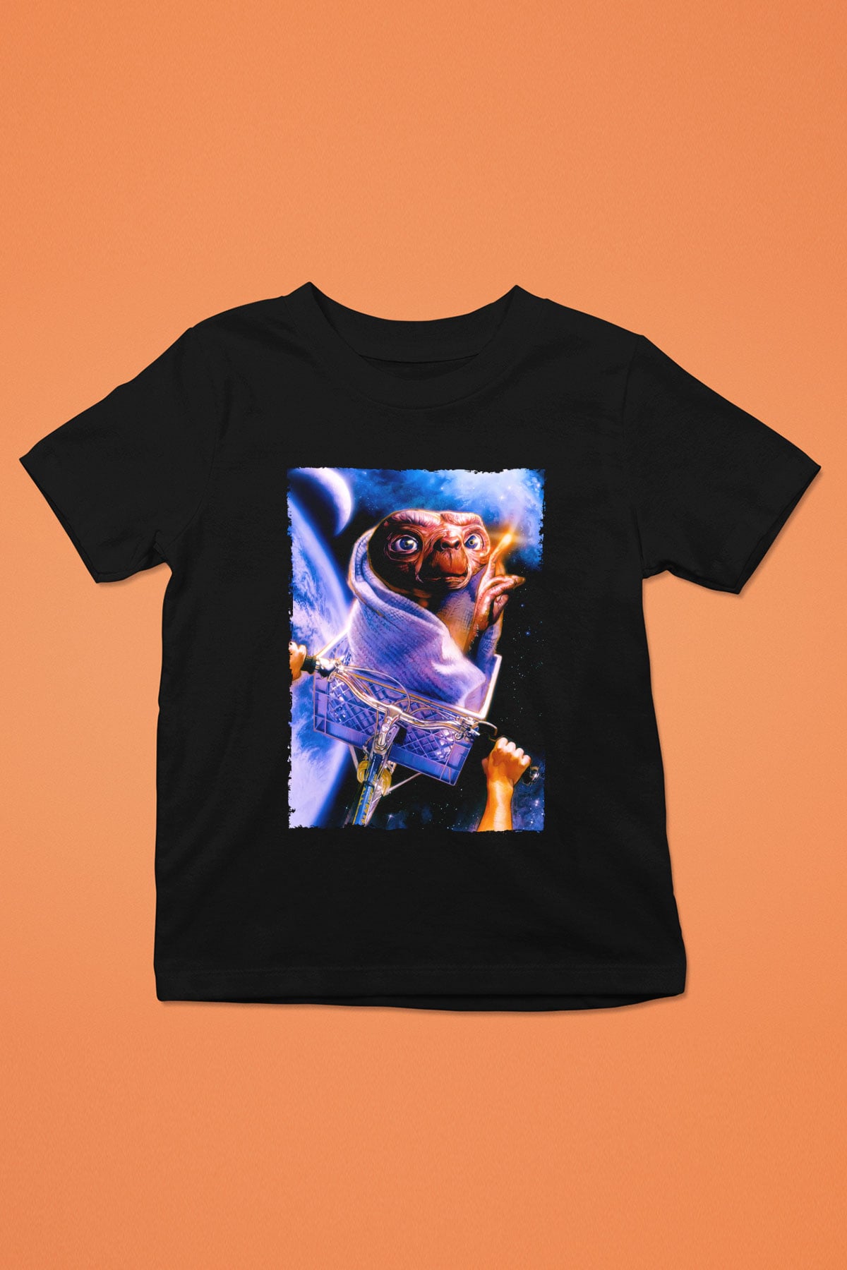 Unisex E.T. (E.T. the Extra-Terrestrial) Baskılı Siyah Çocuk Tshirt