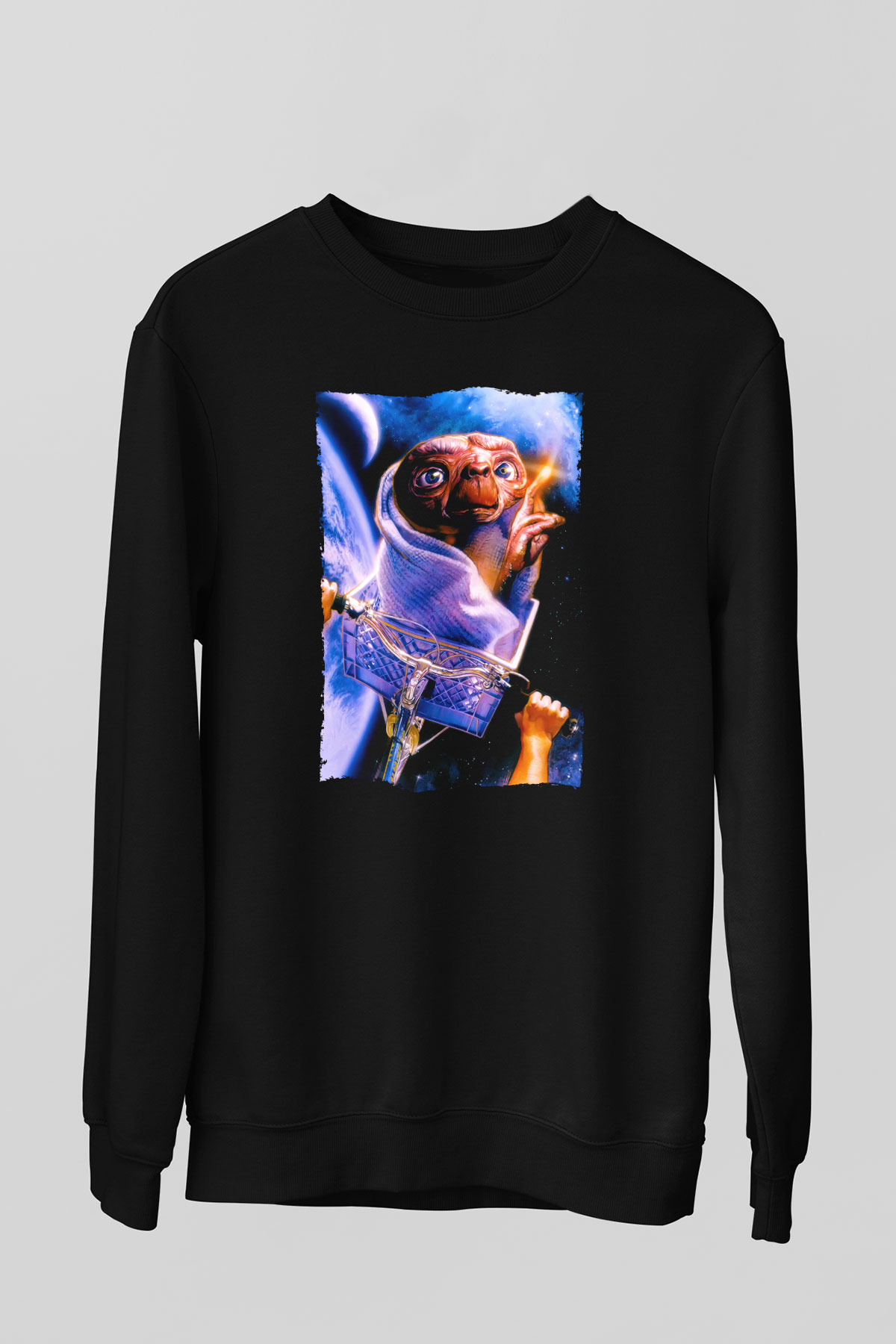 Unisex E.T. (E.T. the Extra-Terrestrial) Baskılı Siyah Sweatshirt