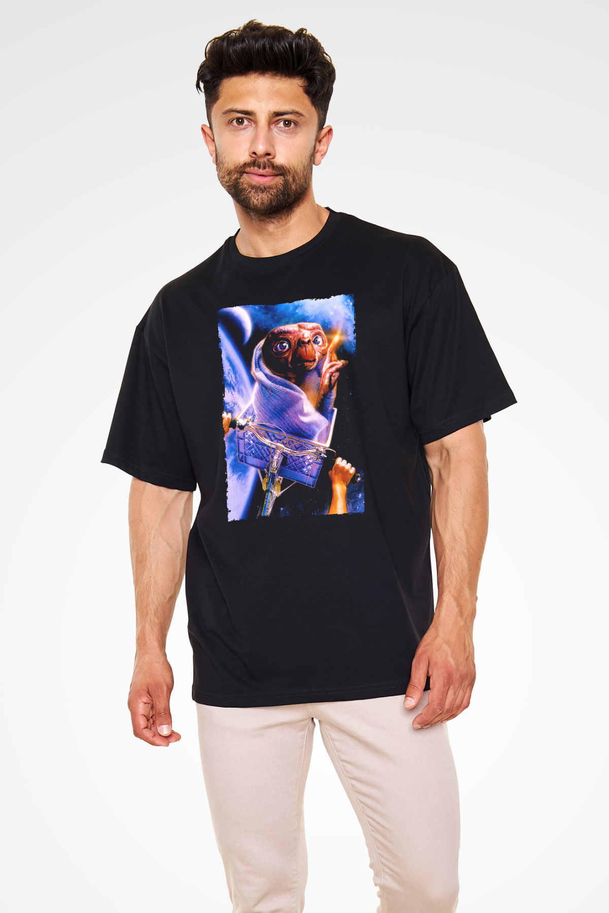 Unisex E.T. (E.T. the Extra-Terrestrial) Baskılı Siyah Oversize Tshirt