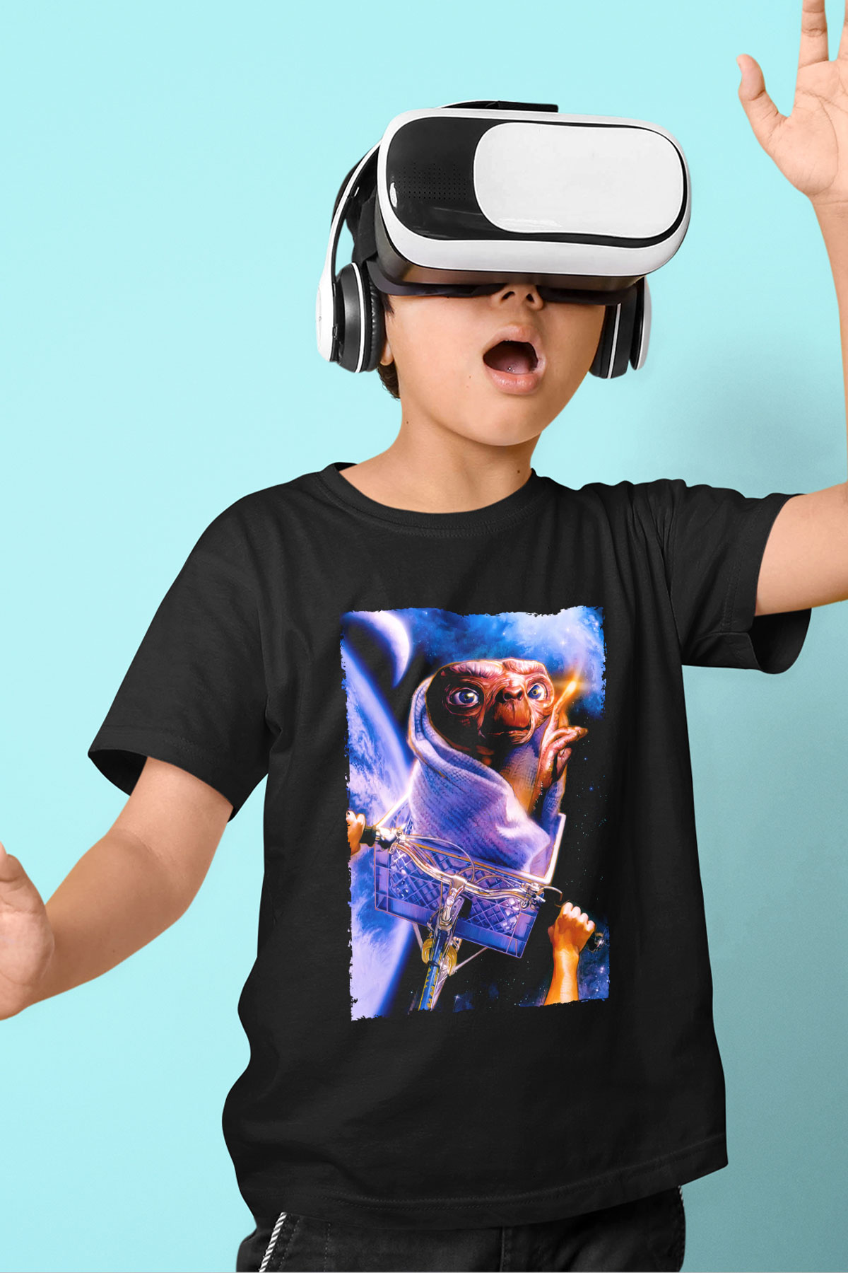 Unisex E.T. (E.T. the Extra-Terrestrial) Baskılı Siyah Çocuk Tshirt