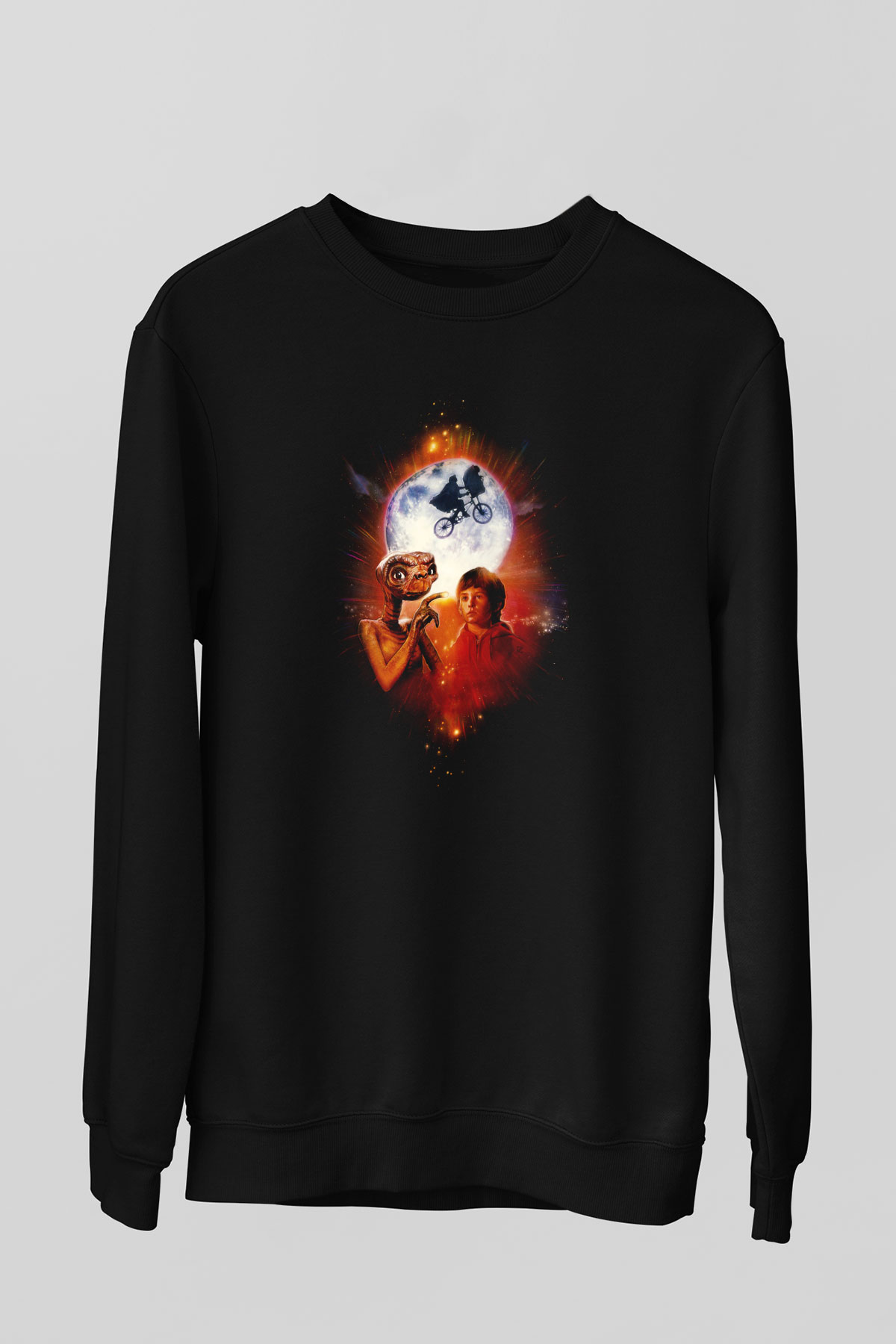 Unisex E.T. (E.T. the Extra-Terrestrial) Baskılı Siyah Sweatshirt