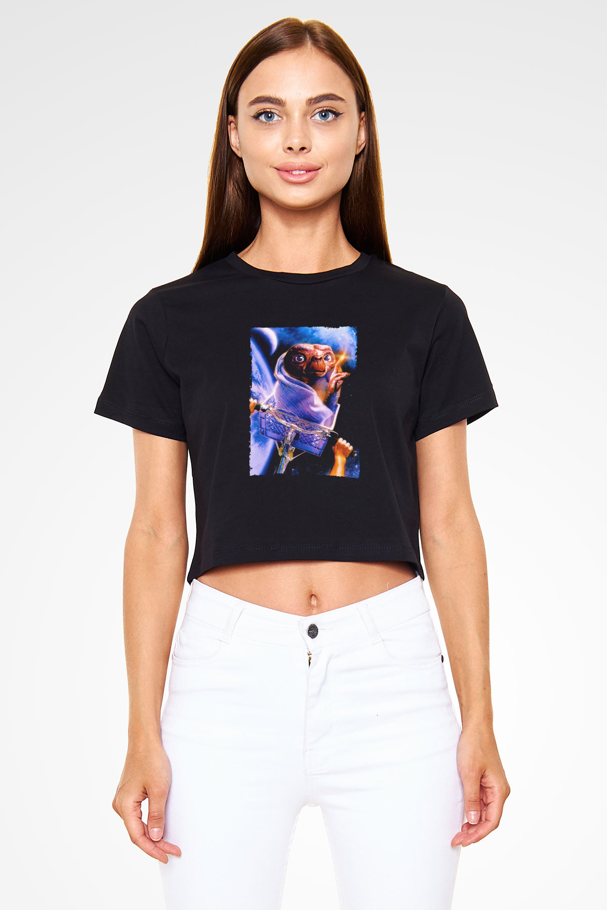 Unisex E.T. (E.T. the Extra-Terrestrial) Baskılı Siyah Crop Top Tshirt