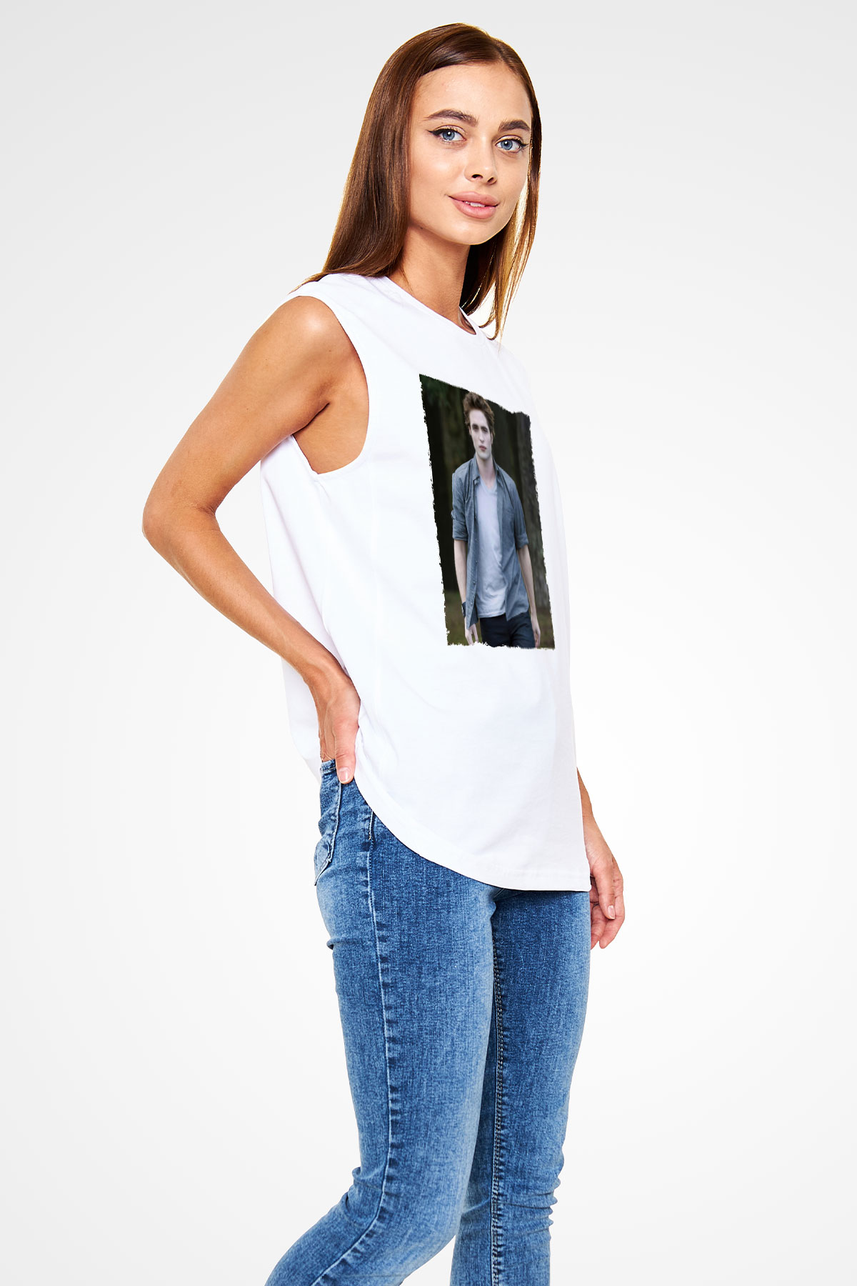 Unisex Edward Cullen Baskılı Beyaz Kolsuz Tshirt