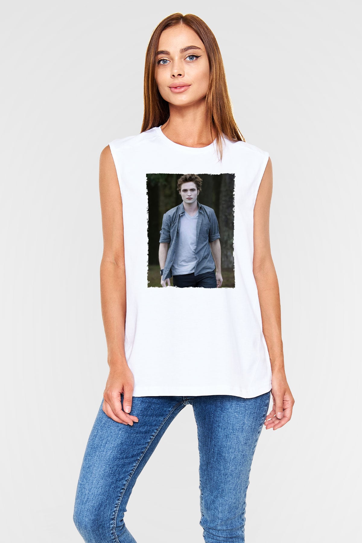 Unisex Edward Cullen Baskılı Beyaz Kolsuz Tshirt