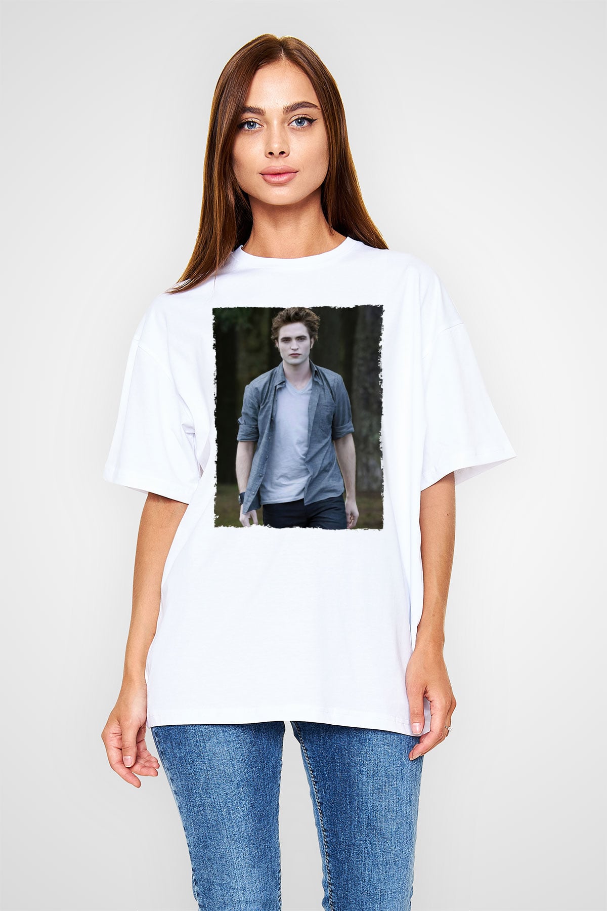Unisex Edward Cullen Baskılı Beyaz Oversize Oversize T-shirt