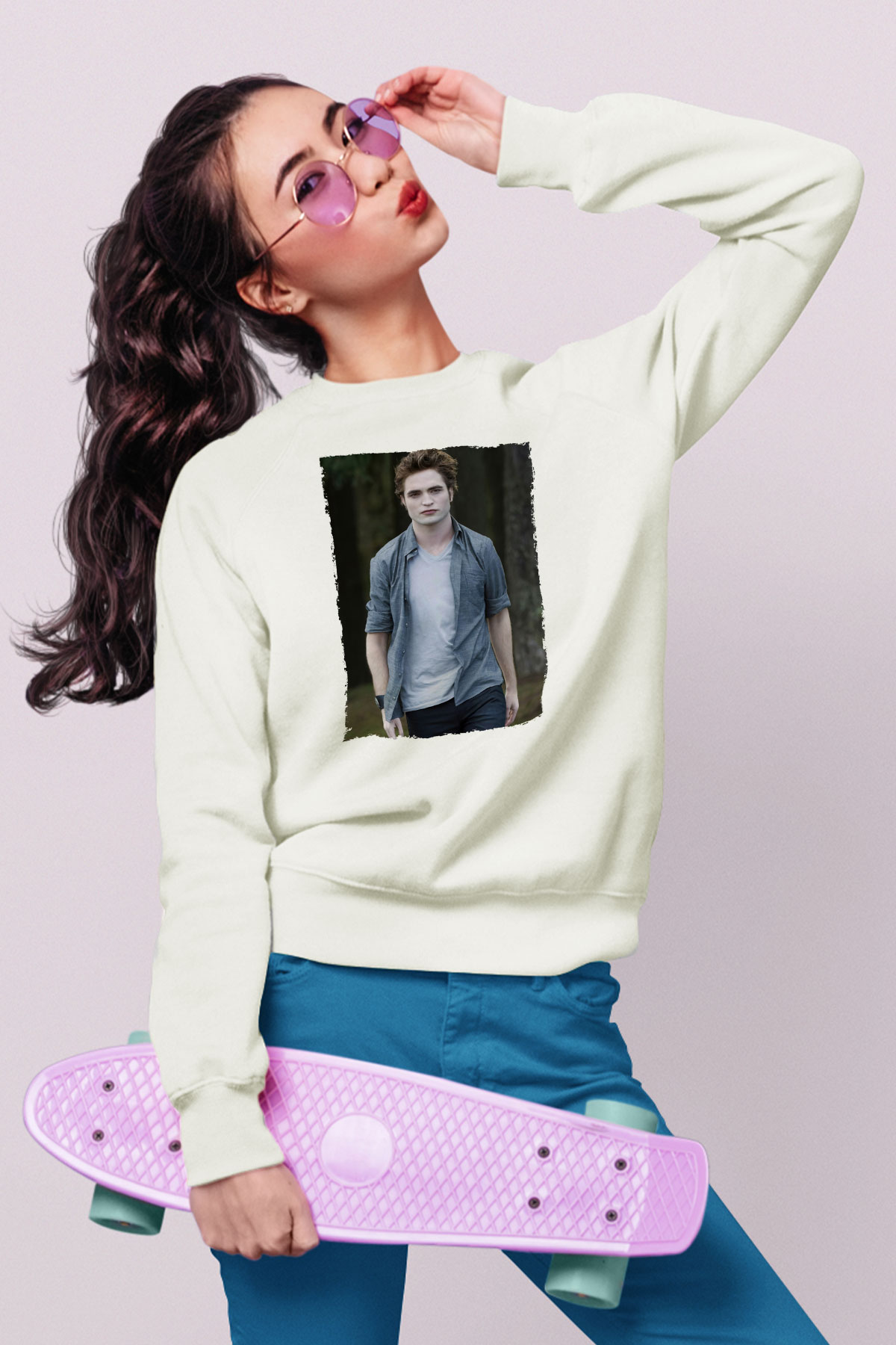 Unisex Edward Cullen Baskılı Beyaz Sweatshirt