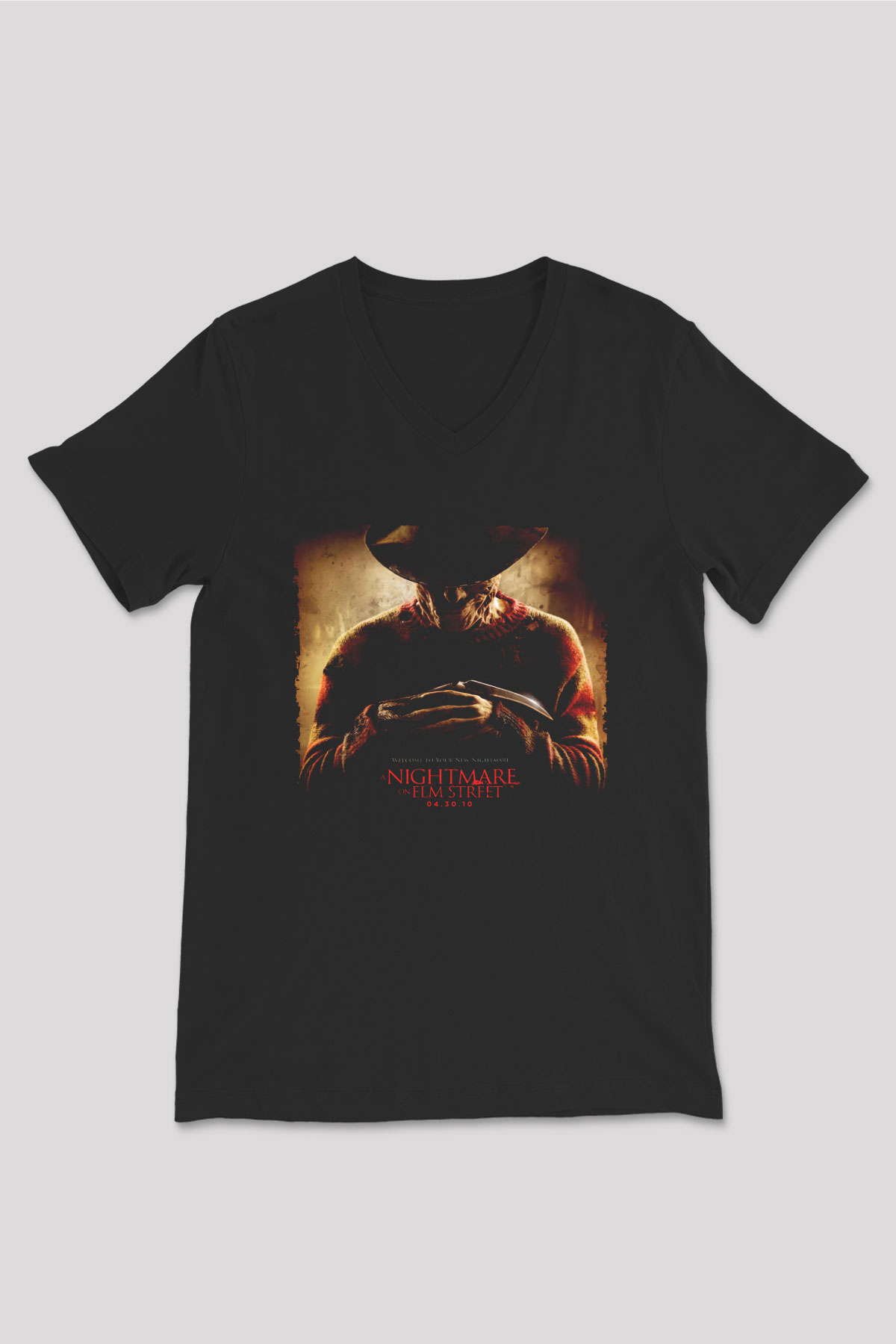 Unisex Elm Sokağında Kâbus (A Nightmare on Elm Street) Baskılı Siyah V Yaka Tişört
