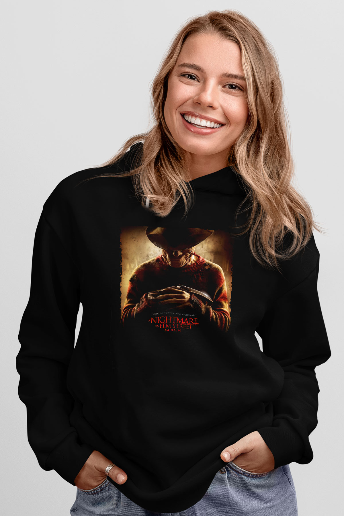 Unisex Elm Sokağında Kâbus (A Nightmare on Elm Street) Baskılı Siyah Kapüşonlu Sweatshirt
